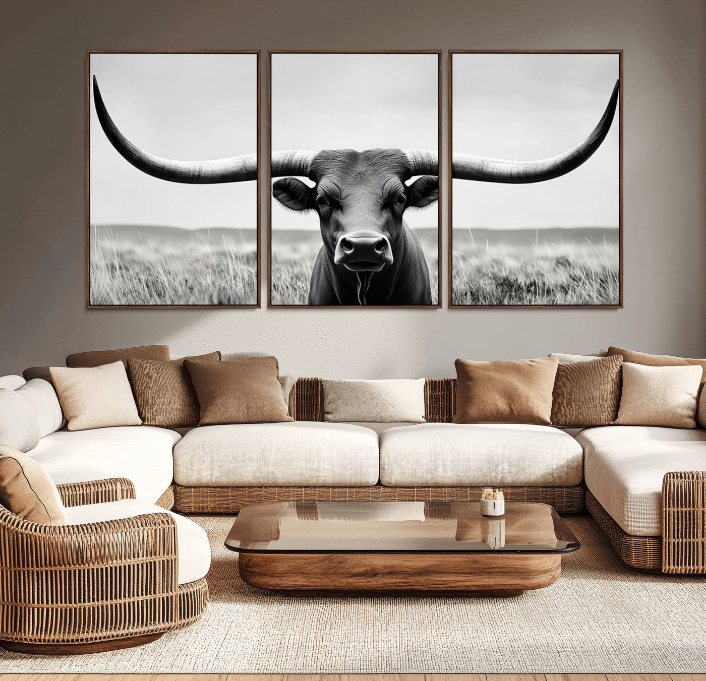 MGV-FC-60X30-3P - Longhorn Bull Canvas Print | Rustic Farmhouse Wall Art | Western Decor | Ready to Hang and Framed