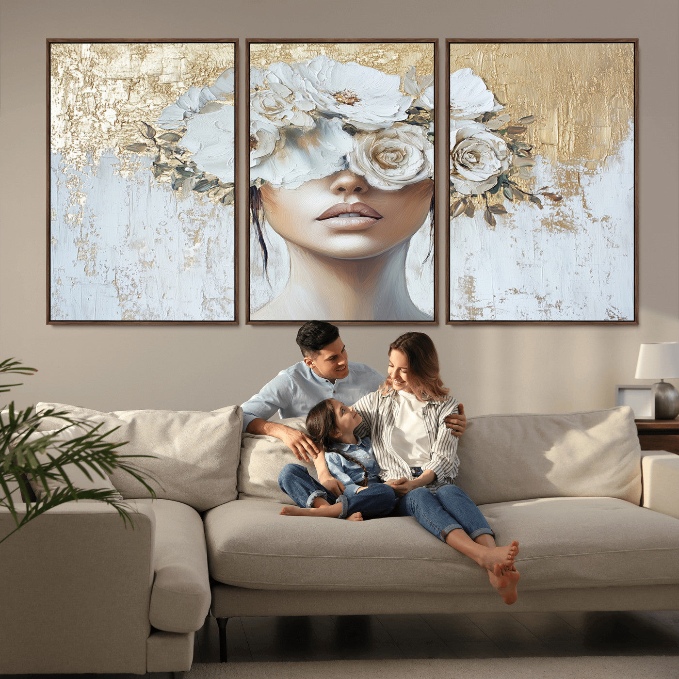 MGV-FC-60X30-3P - Golden Petal Wall Art - Canvas Print Flower Head Woman Painting Floral Woman Portrait Wall Decor,