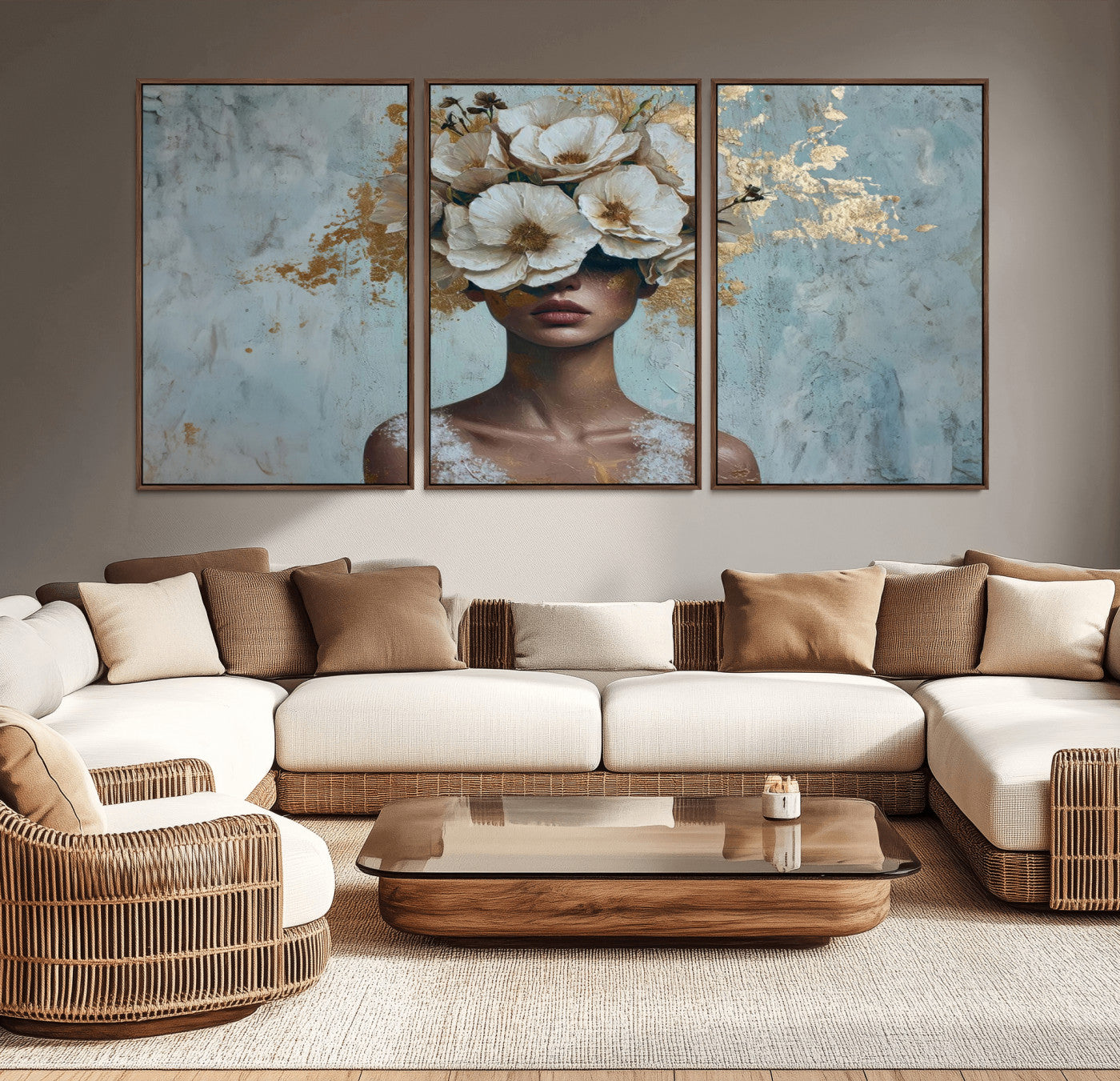 MGV-FC-60X30-3P - Golden Petal Wall Art - Petal Silhouette Woman Wall Art Canvas Print | Large 3-Panel Canvas with