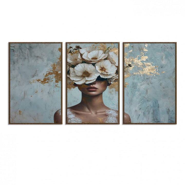 Golden Petal Wall Art: A womans face adorned with a gold floral design on a teal background, presented in a 3-panel modern glam canvas.