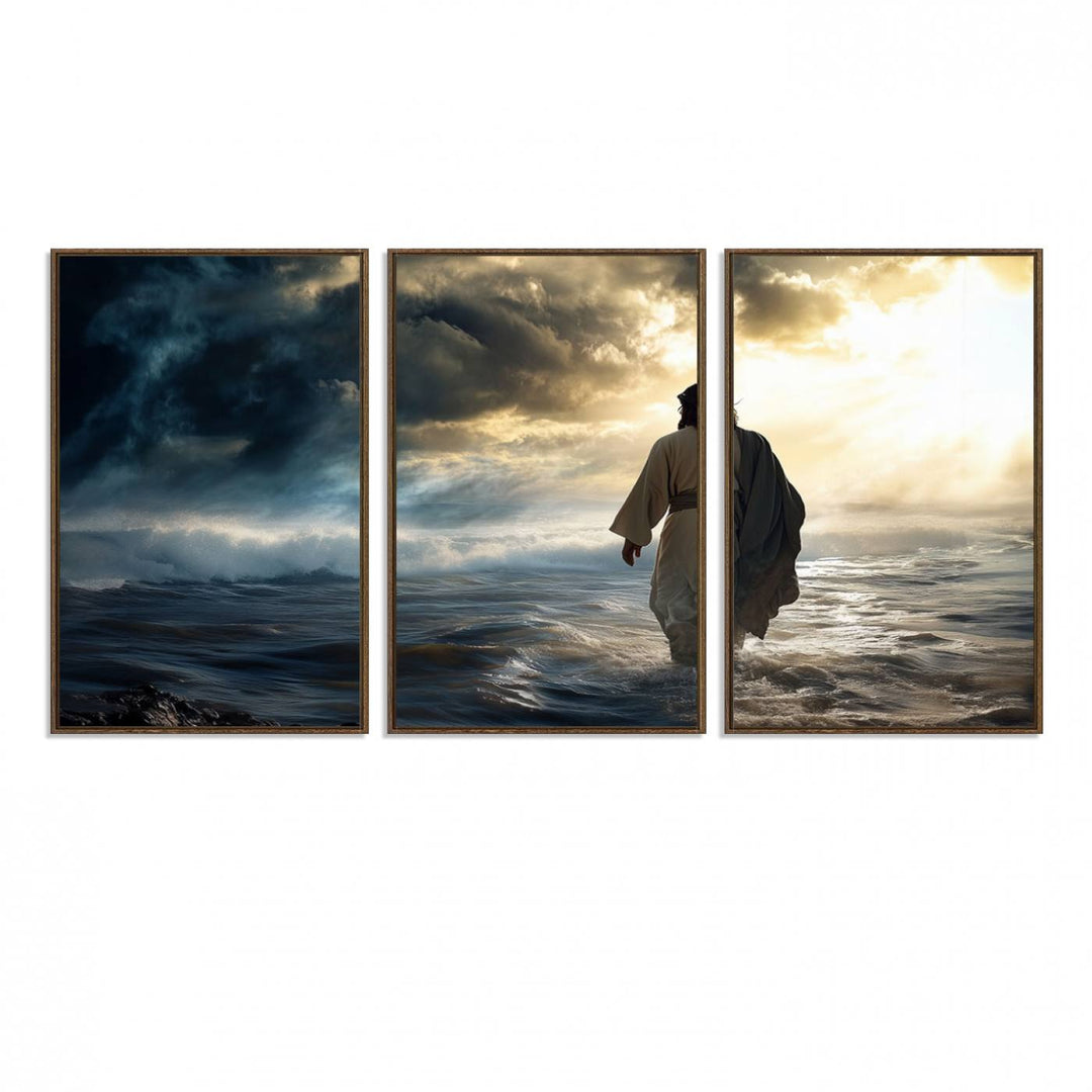 A dramatic sky serves as the backdrop for the Jesus Walking on Water wall art, a perfect piece for Christian home decor.