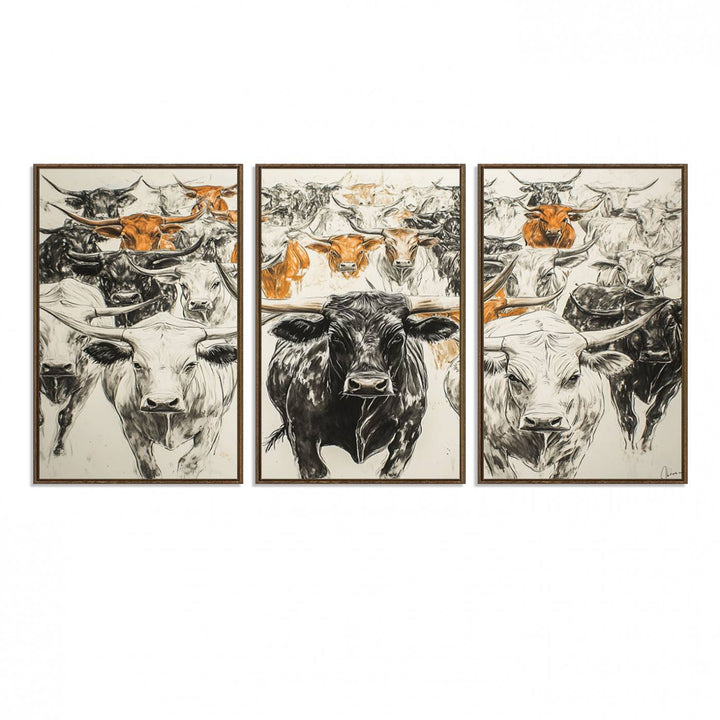 Texas Longhorn Wall Art canvas features cattle artwork with an abstract design, perfect for farmhouse decor on a porch.