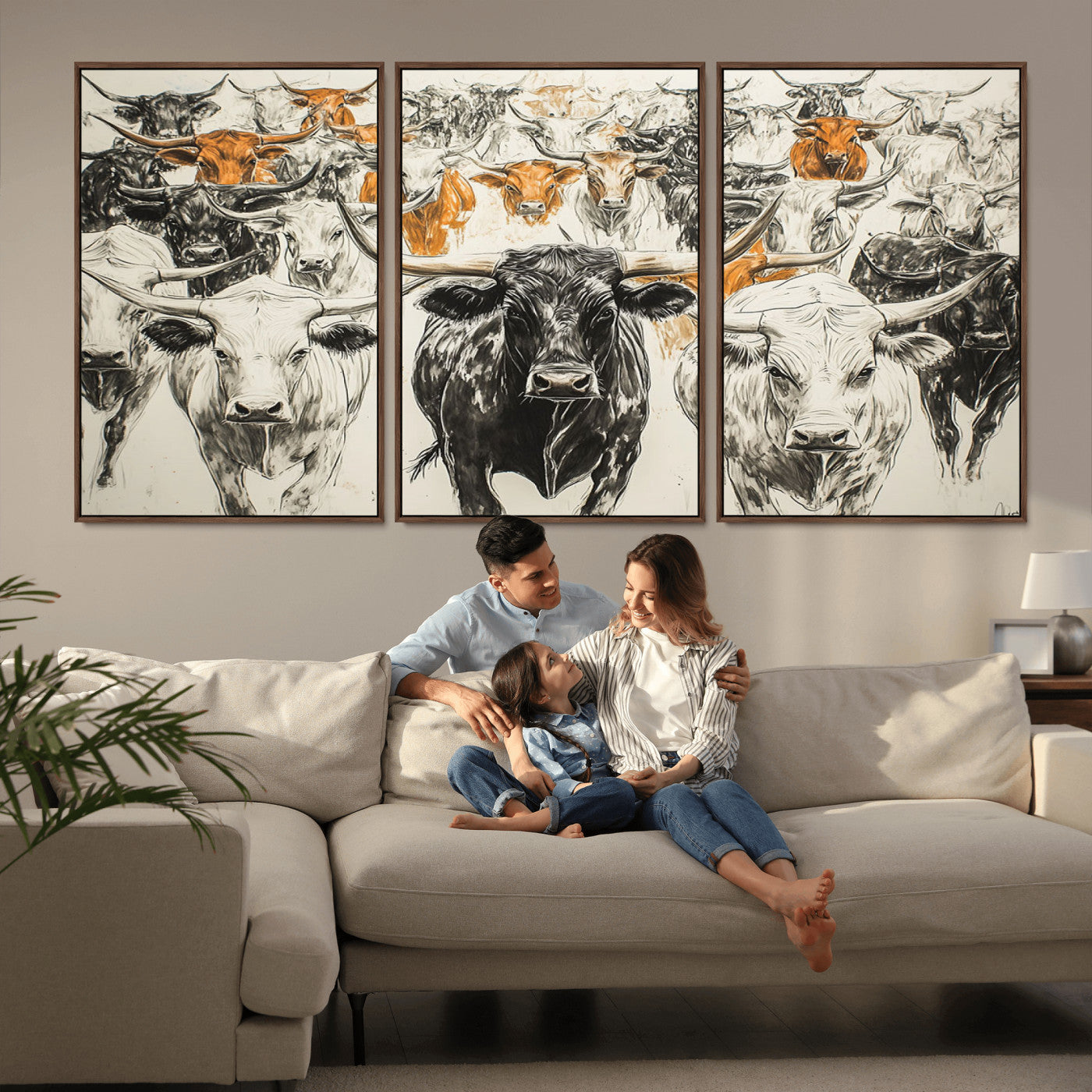 MGV-FC-60X30-3P - Farmhouse Wall Art | Western Longhorn Cattle Canvas Print | Ready to Hang and Framed Barn Decor
