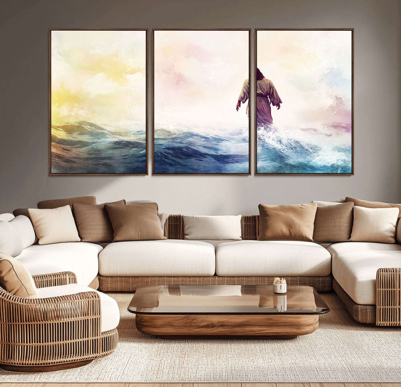 MGV-FC-60X30-3P - Watercolor Jesus Walking on Water Canvas Print, Christian Wall Art, Jesus Christ Walking