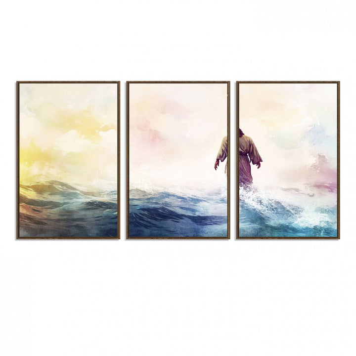 A robed figure strides on water in gentle waves, evoking the Watercolor Jesus Walking on Water canvas art.