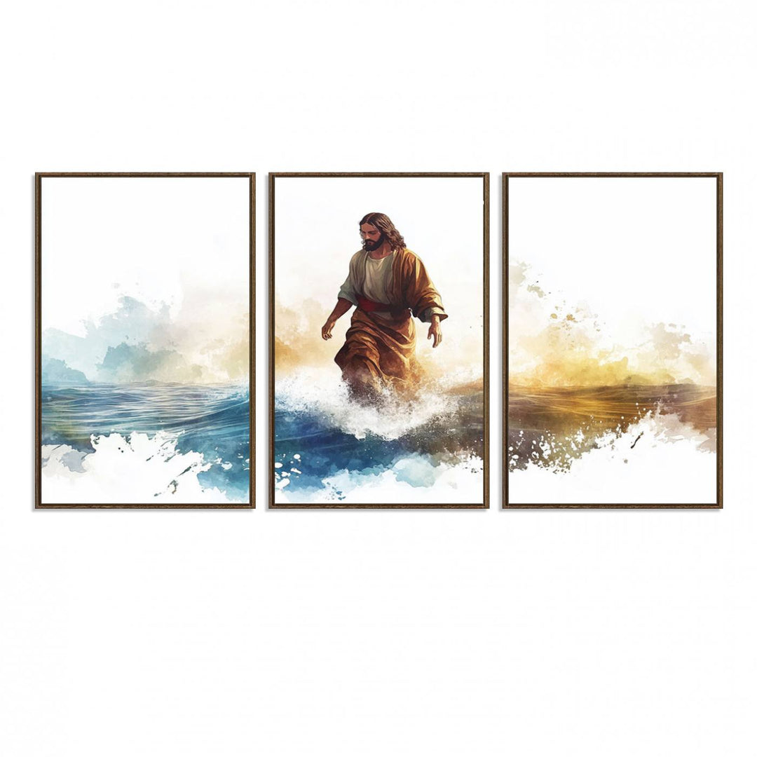 This watercolor canvas print depicts Jesus walking, characterized by abstract splashes against a serene background. It serves as a beautiful piece of Christian wall art.