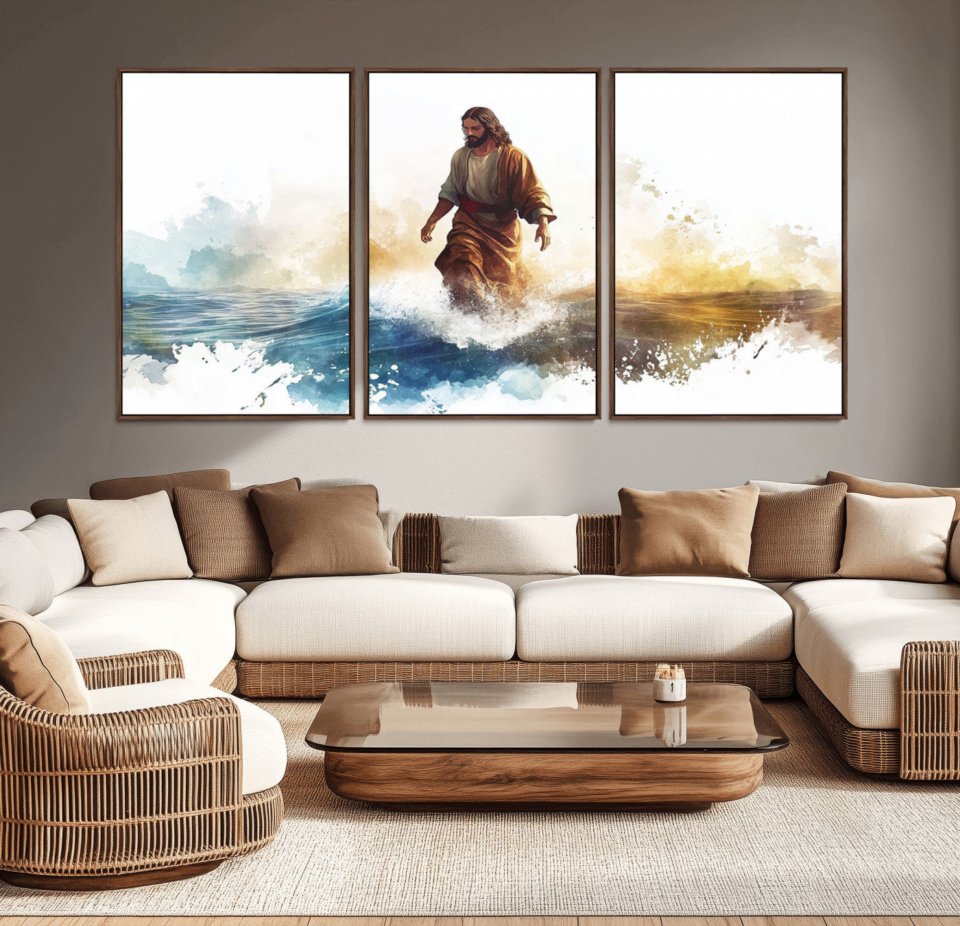MGV-FC-60X30-3P - Watercolor Jesus Walking Wall Art Print, Jesus Water Canvas Print, Christian Wall Art, Jesus Christ