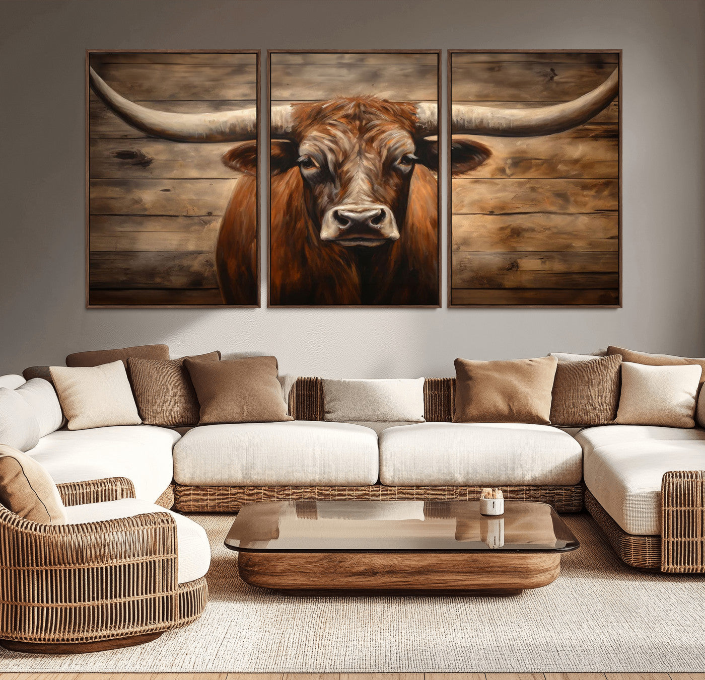 MGV-FC-60X30-3P - Longhorn Bull Wall Art | Canvas Print | Ready to Hang | Rustic Farmhouse Wall Decor | Western Barn