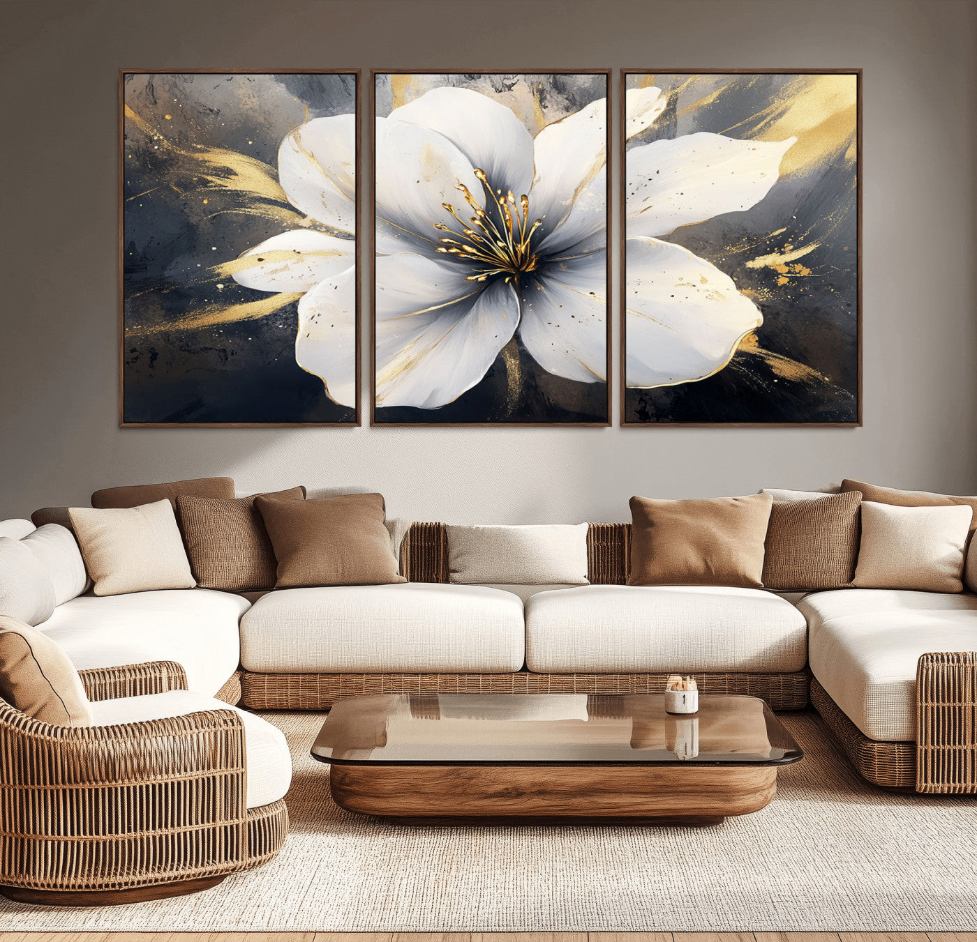 MGV-FC-60X30-3P - White Flower Wall Art Canvas Print | Ready to Hang | Abstract Floral Wall Decor | Elegant Bloom