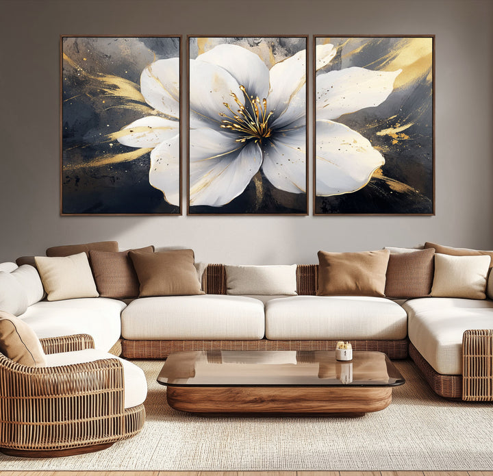 White Flower Wall Art | Canvas Print | Ready to Hang | Abstract Floral Wall Decor | Elegant Bloom Artwork | Framed for Living Room or Bedroom