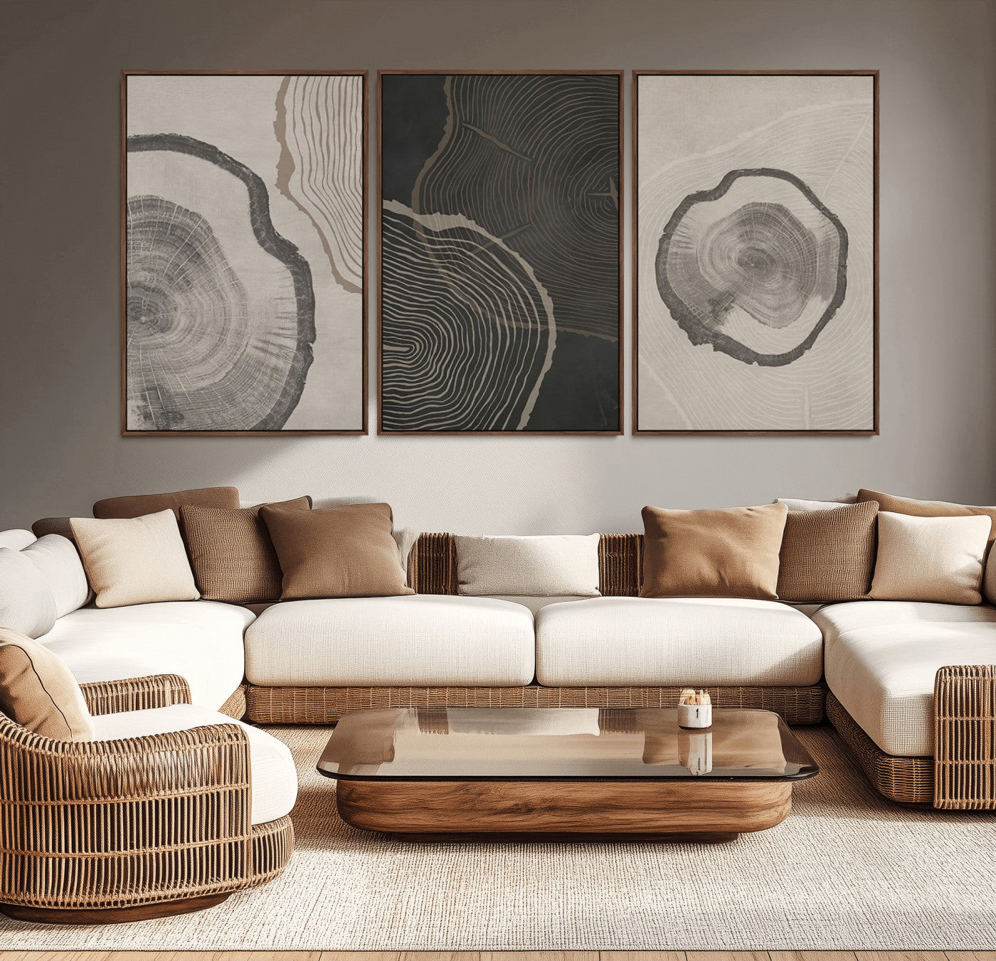 MGV-FC-60X30-3P - Modern Abstract Tree Ring Canvas Art Set | 3 Panel Large Tree Ring Design for Living Room, Office,