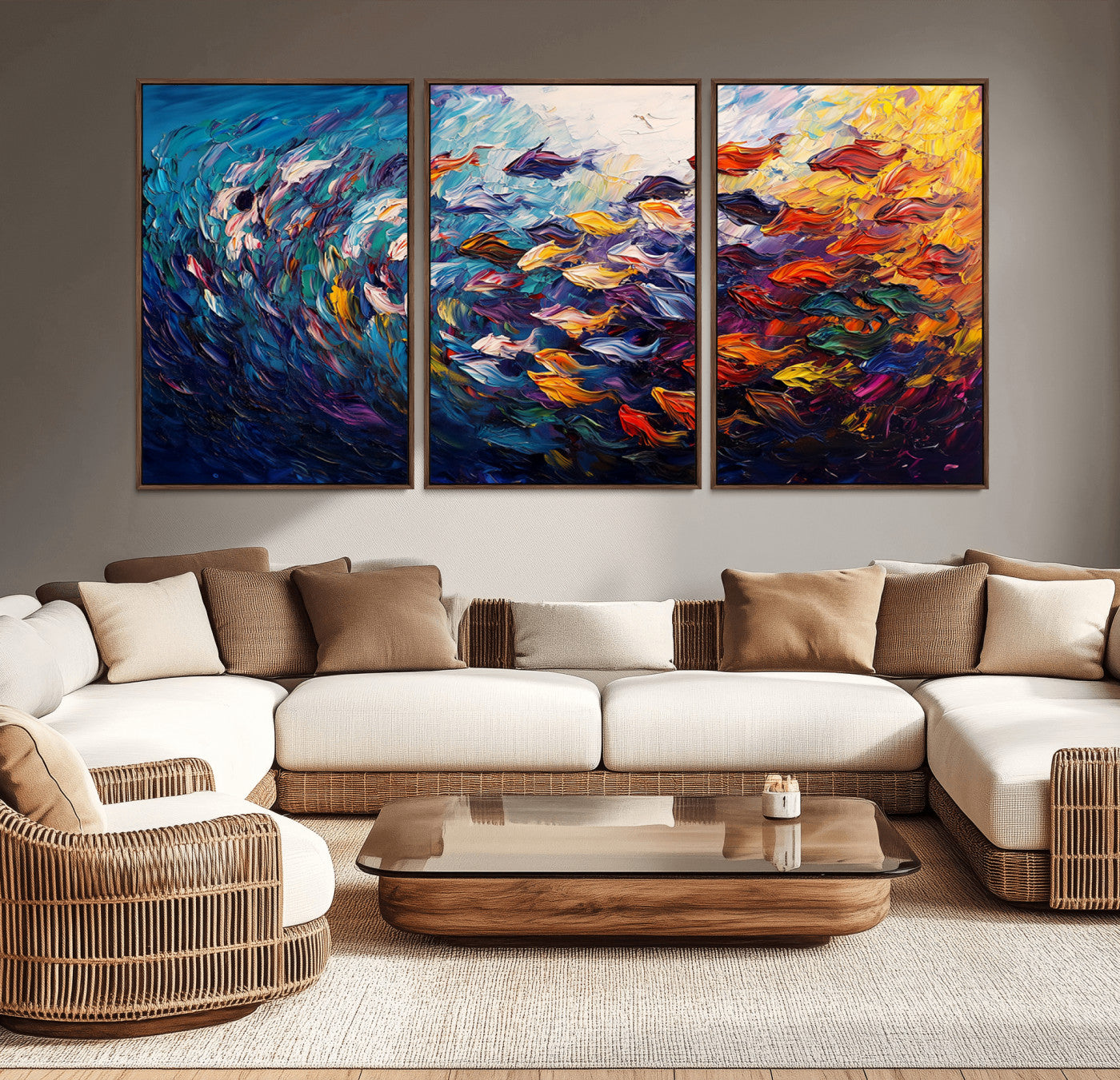 MGV-FC-60X30-3P - Vibrant Abstract Fish Swarm Art – Colorful Fish Inspired 3-Piece Canvas Wall Art for Living Room or