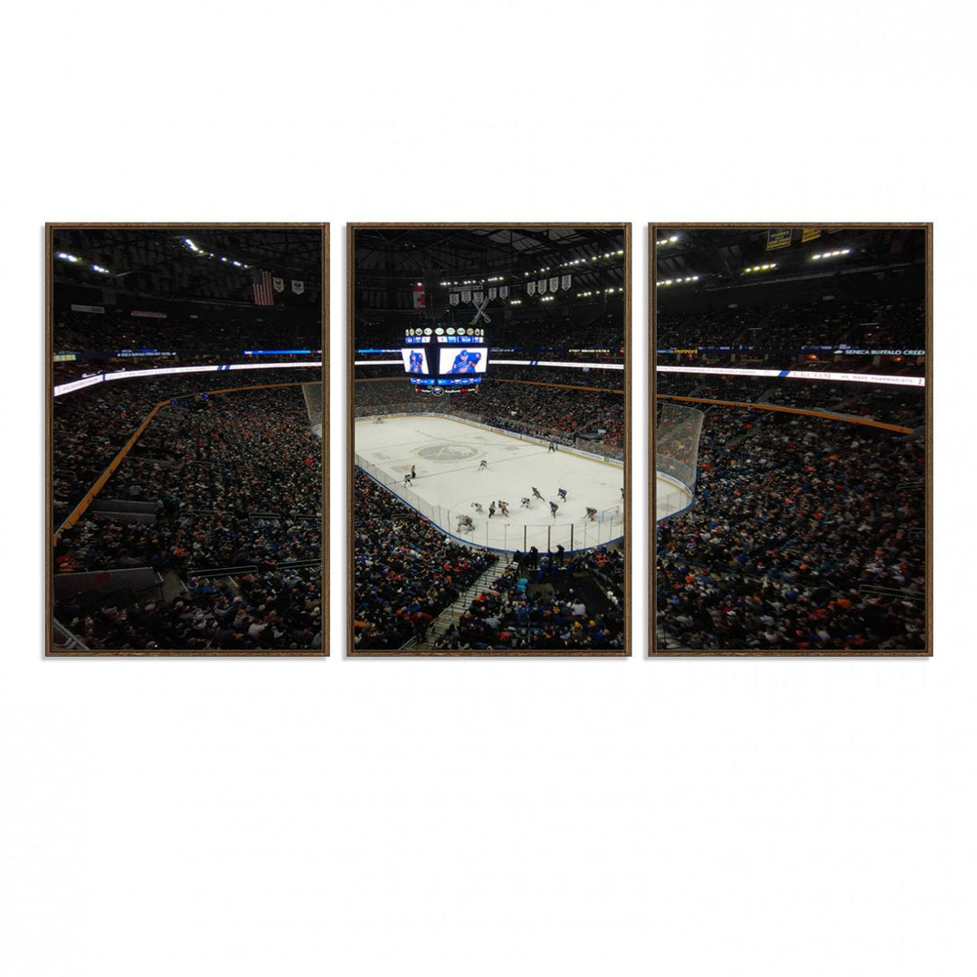 The wall art captures the essence of a Buffalo Sabres game on ice at KeyBank Center, making it deserving of a premium canvas print.