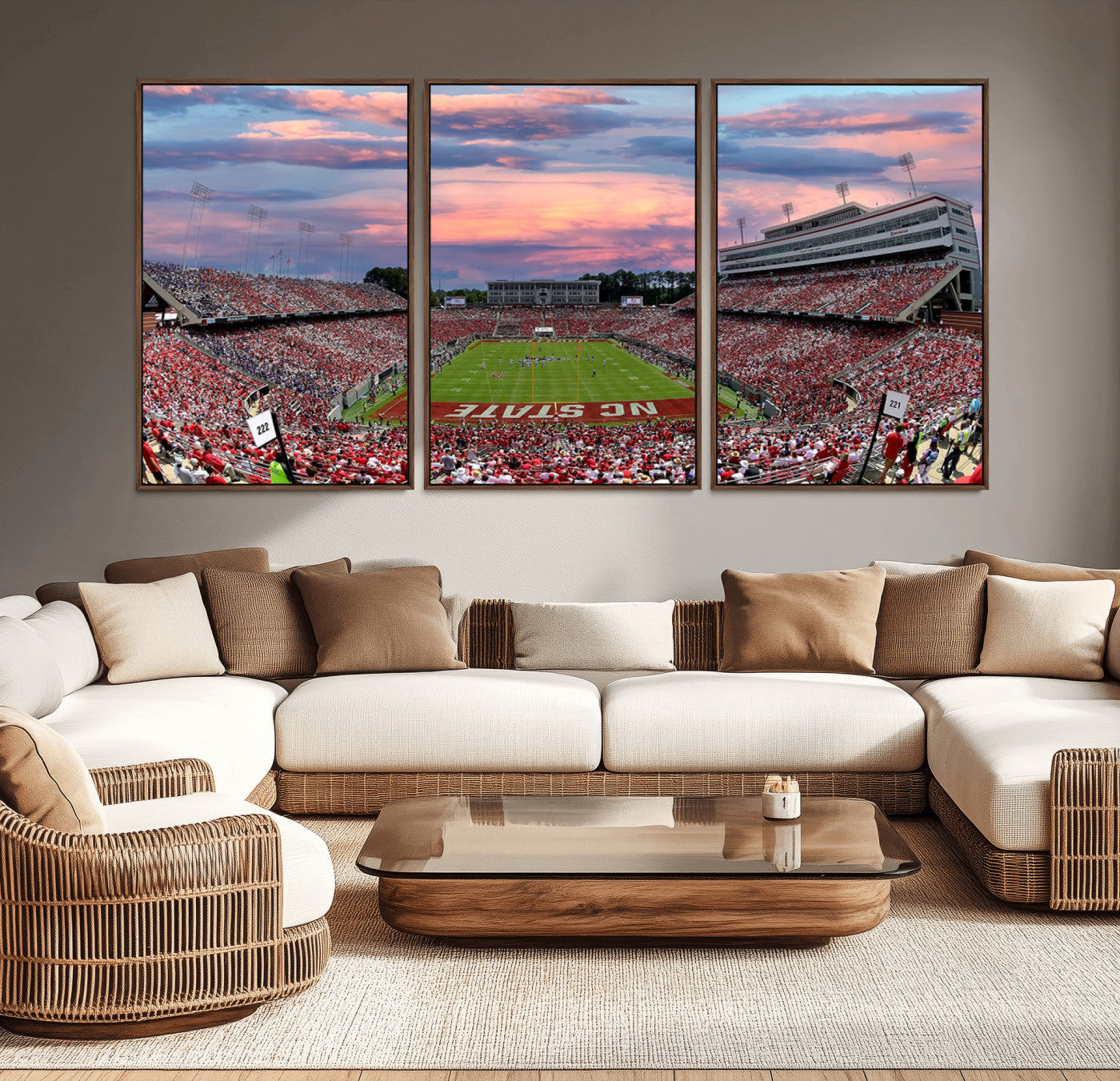 MGV-FC-60X30-3P - Carter-Finley Stadium Art Sunset Game Triple Canvas Wall Art - NC State Wolfpack Football Match