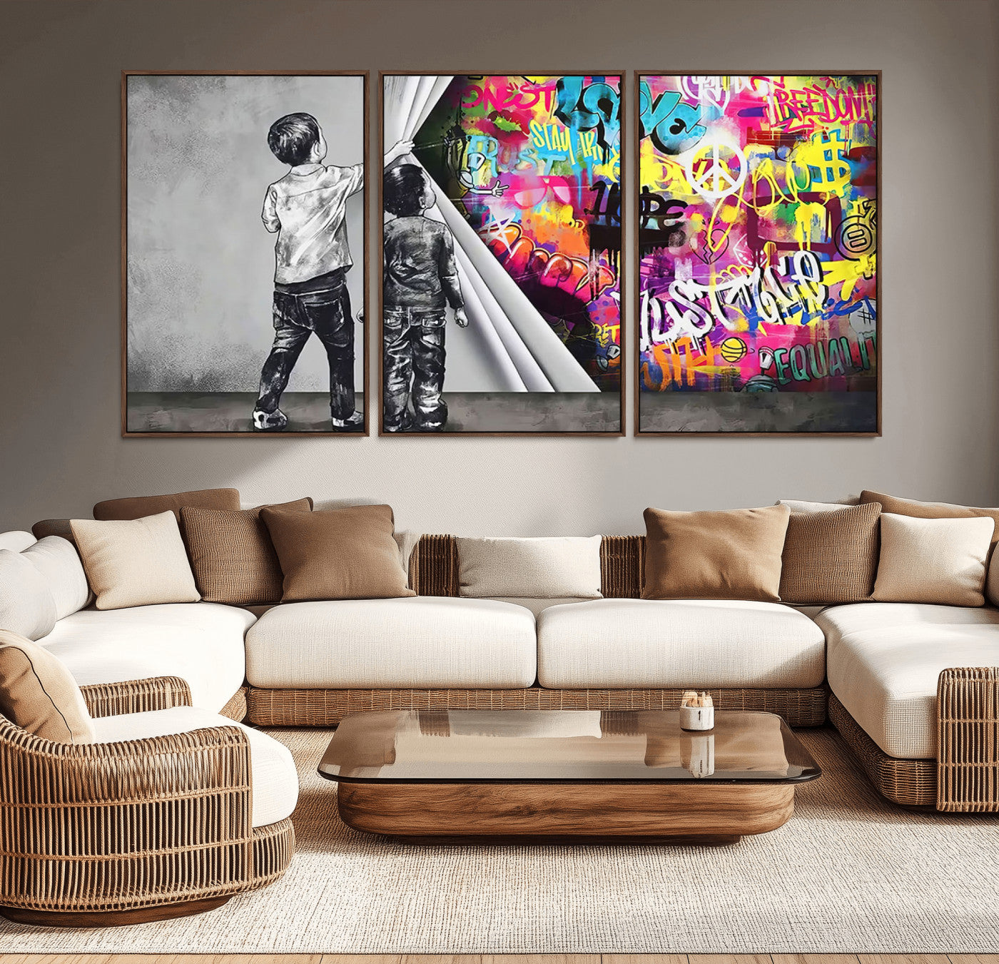 MGV-FC-60X30-3P - Banksy Print - Street Art Canvas Wall Art - Kids Revealing Graffiti, Urban Modern Decor for Living