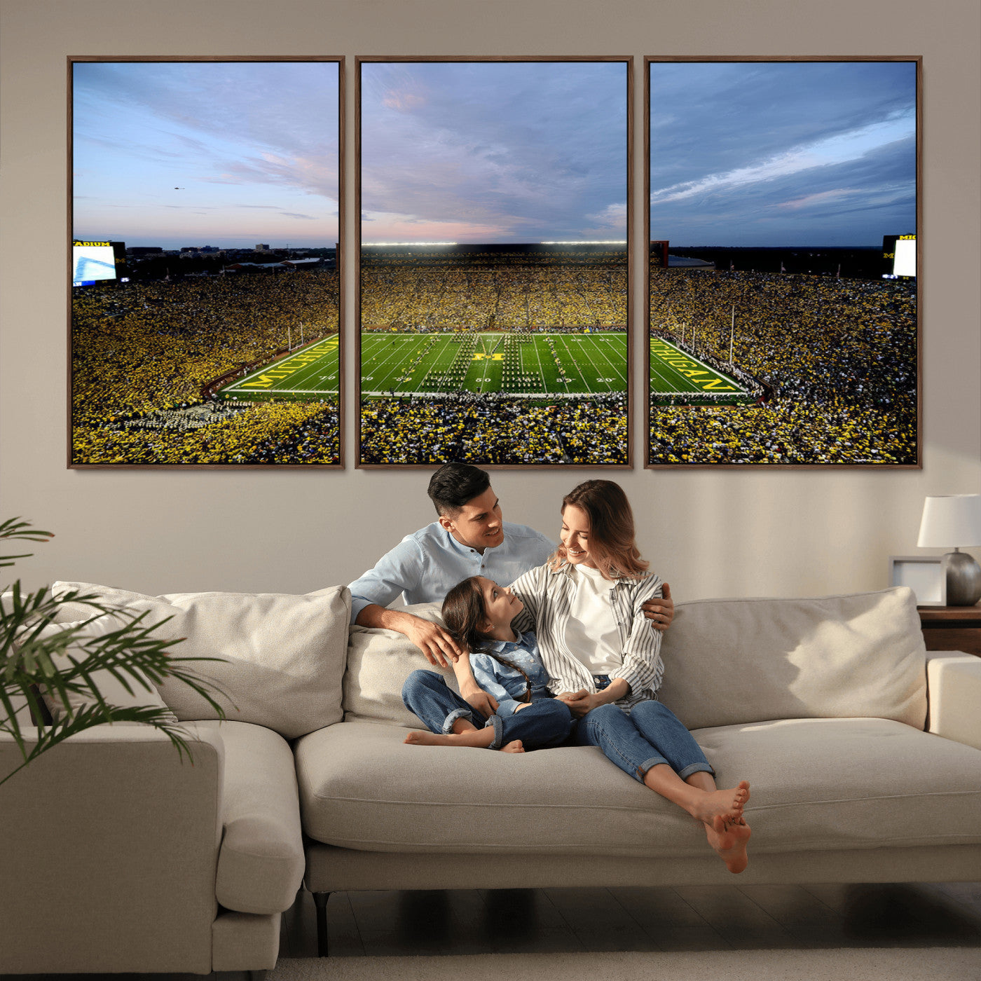 82641-MGV-FC-60X30-3P - Michigan Stadium Wall Art Canvas Print, Vibrant Game Day Crowd and Sunset Sky Football Field Artwork for Home, Office