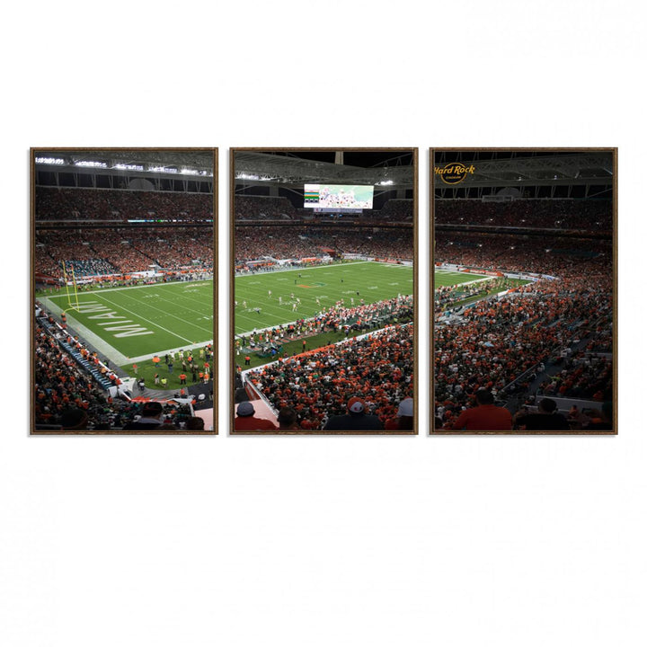 Aerial view of a Miami Hurricanes game at Hard Rock Stadium captured on canvas print, showcasing the teams on the field and fans in the stands.