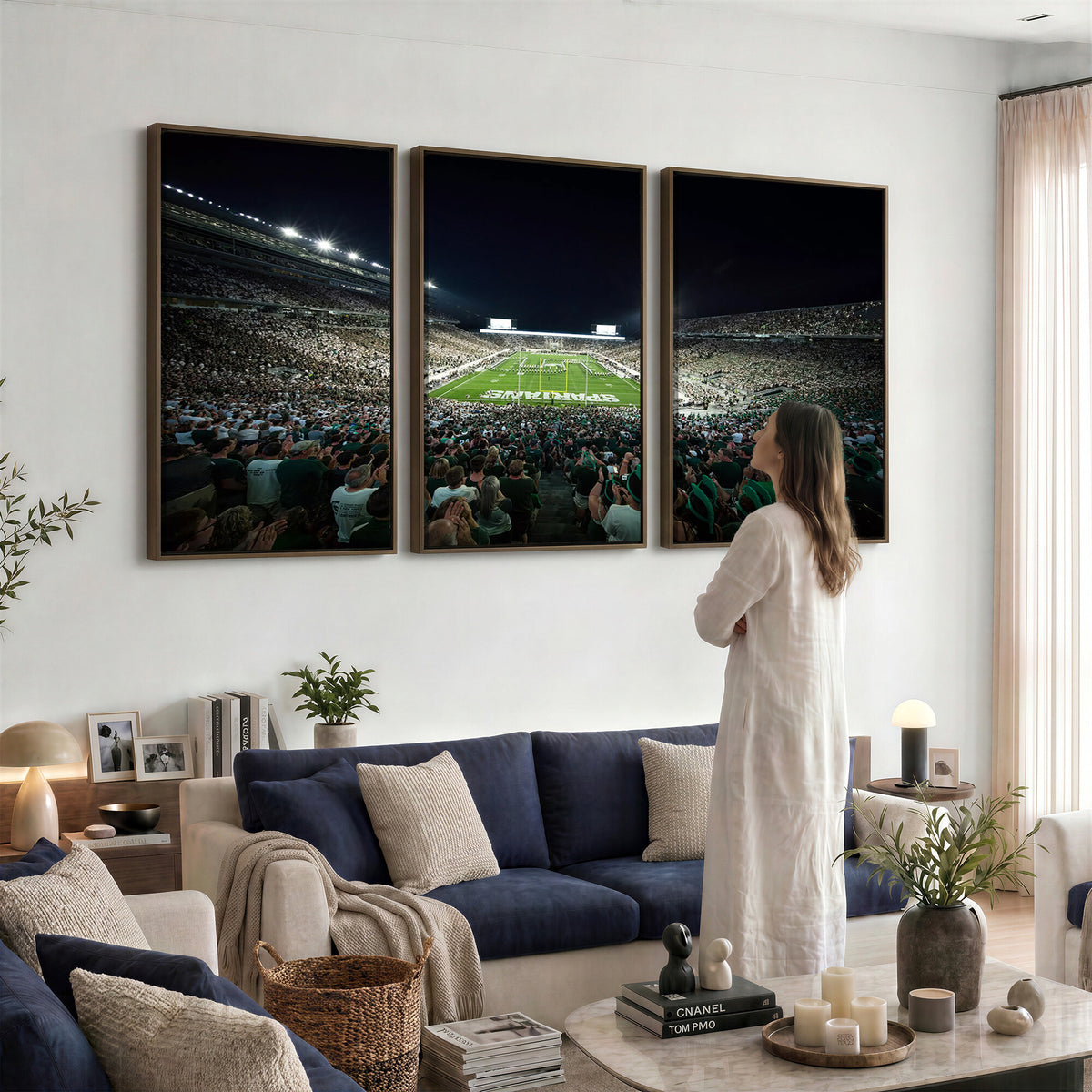 57523-PAN-FL-20X10 - Framed Michigan State Spartans Football Team Print - East Lansing Spartan Stadium Wall Art Canvas
