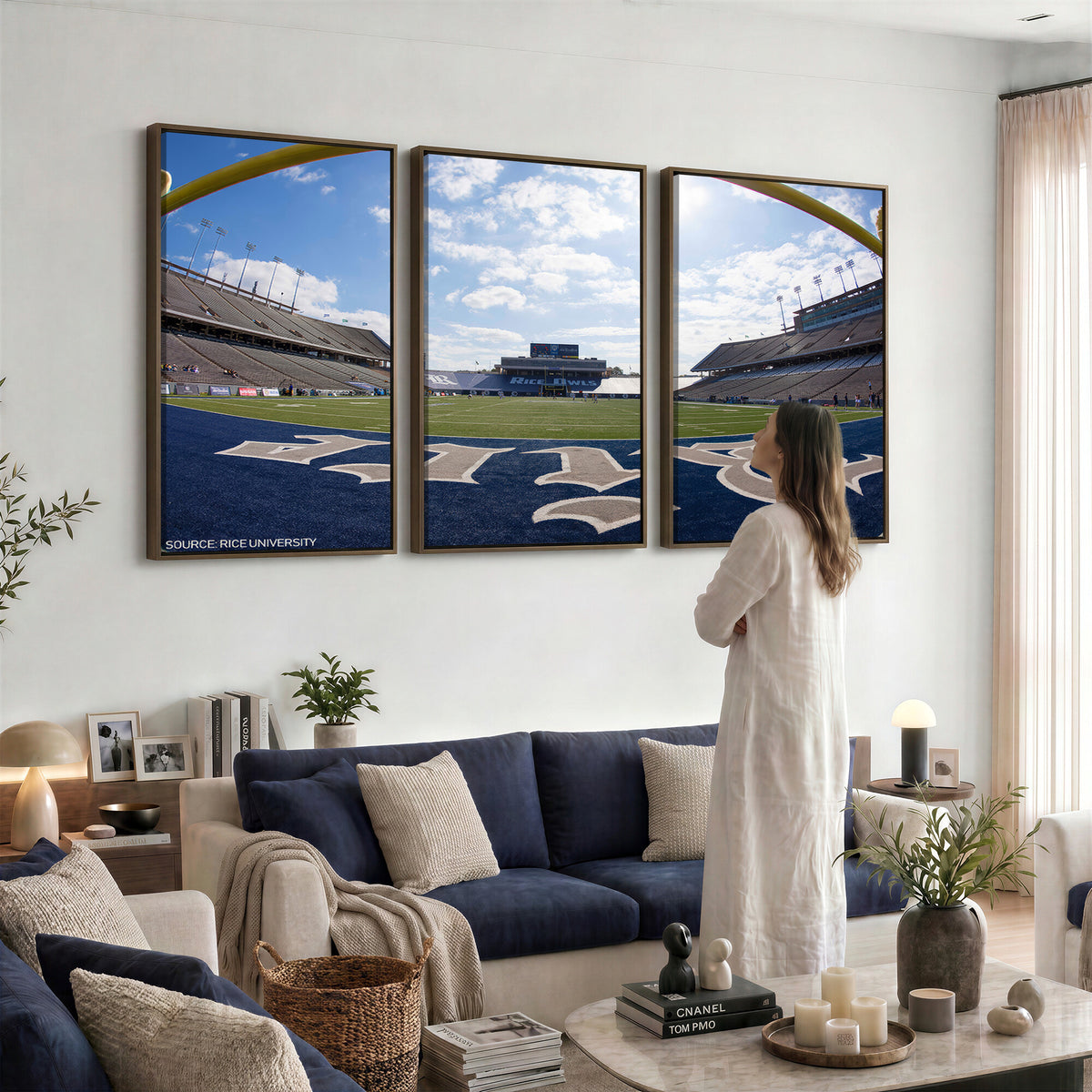 50267-MGV-CV-36X24 - Rice University Owls Football Team Print, Houston Rice Stadium, Framed and Ready to Hang