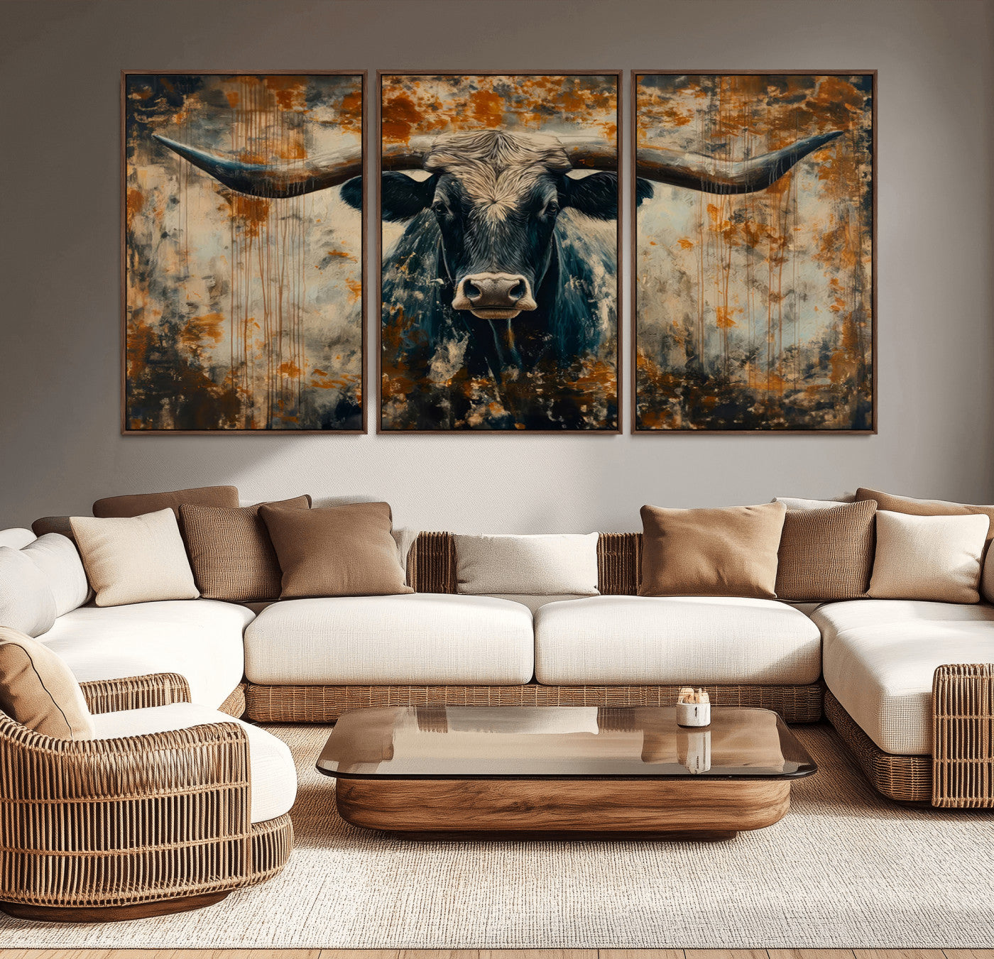 MGV-FC-60X30-3P - Abstract Longhorn Bull Wall Art | Rustic Western Wall Decor | Framed and Ready to Hang | Ideal for