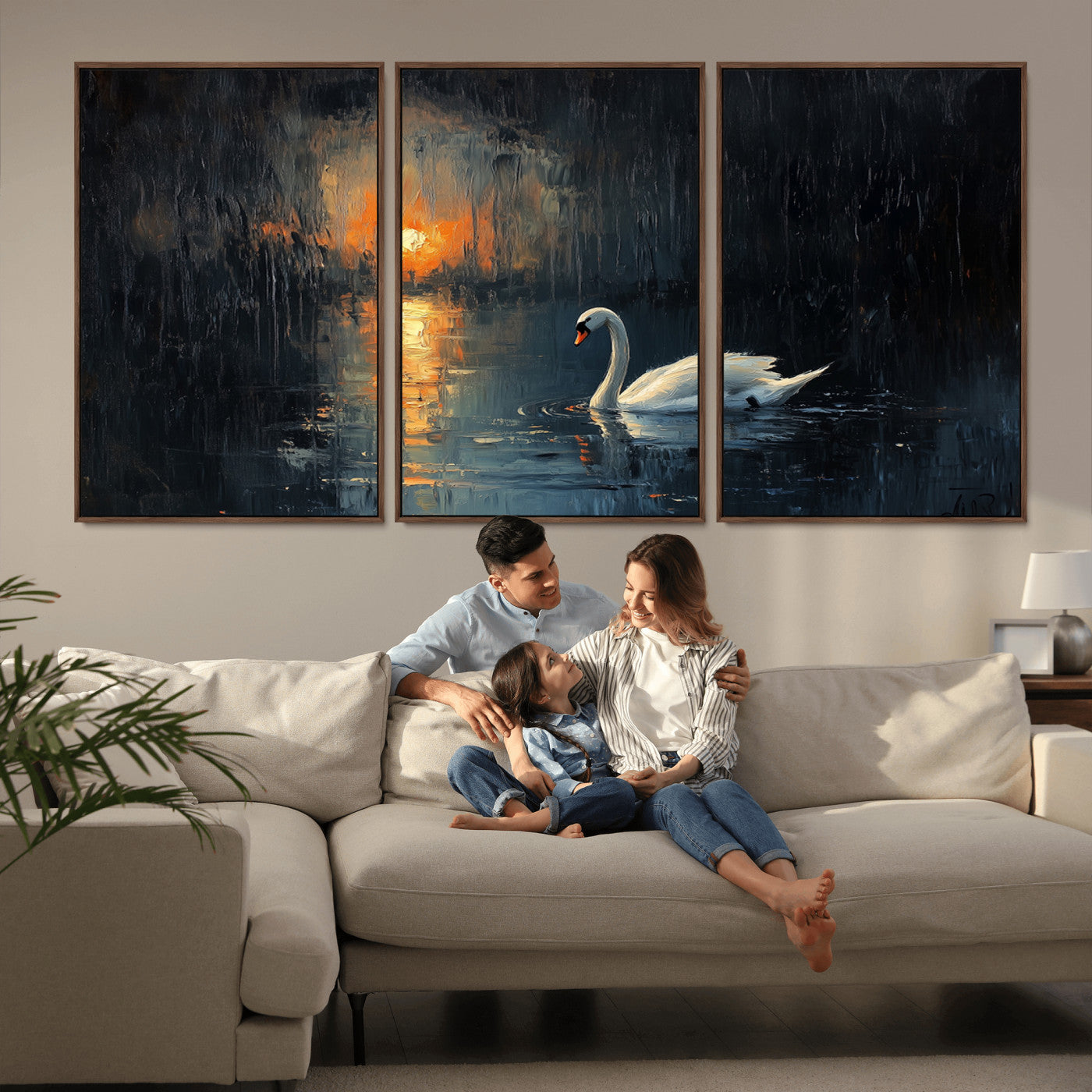 MGV-FC-60X30-3P - Abstract Swan on Water Wall Art Canvas Print - Elegant Nature Scene for Modern Home Decor