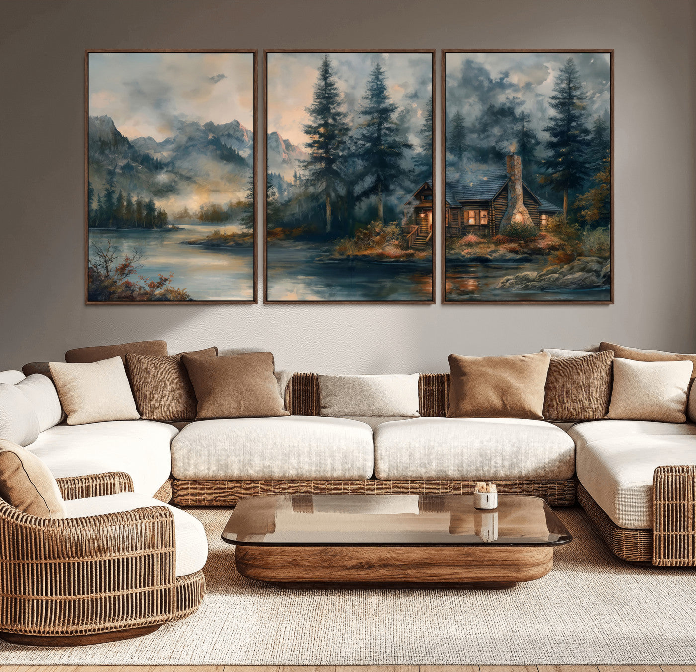 MGV-FC-60X30-3P - Rustic Cabin Woods Wall Art Print | Lake in a Forest Canvas Print | Cabin, Lodge, and Farmhouse