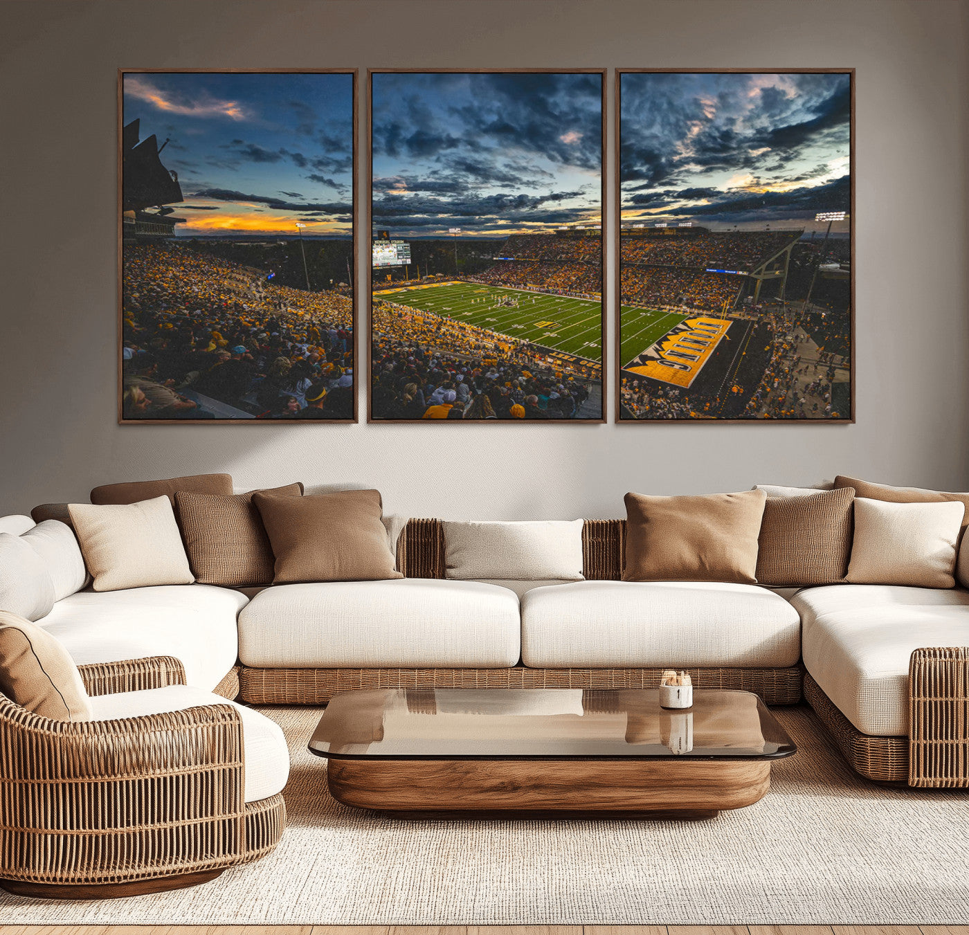 MGV-FC-60X30-3P - University of Wyoming Cowboys Football Team Print - Laramie War Memorial Stadium Wall Art Canvas