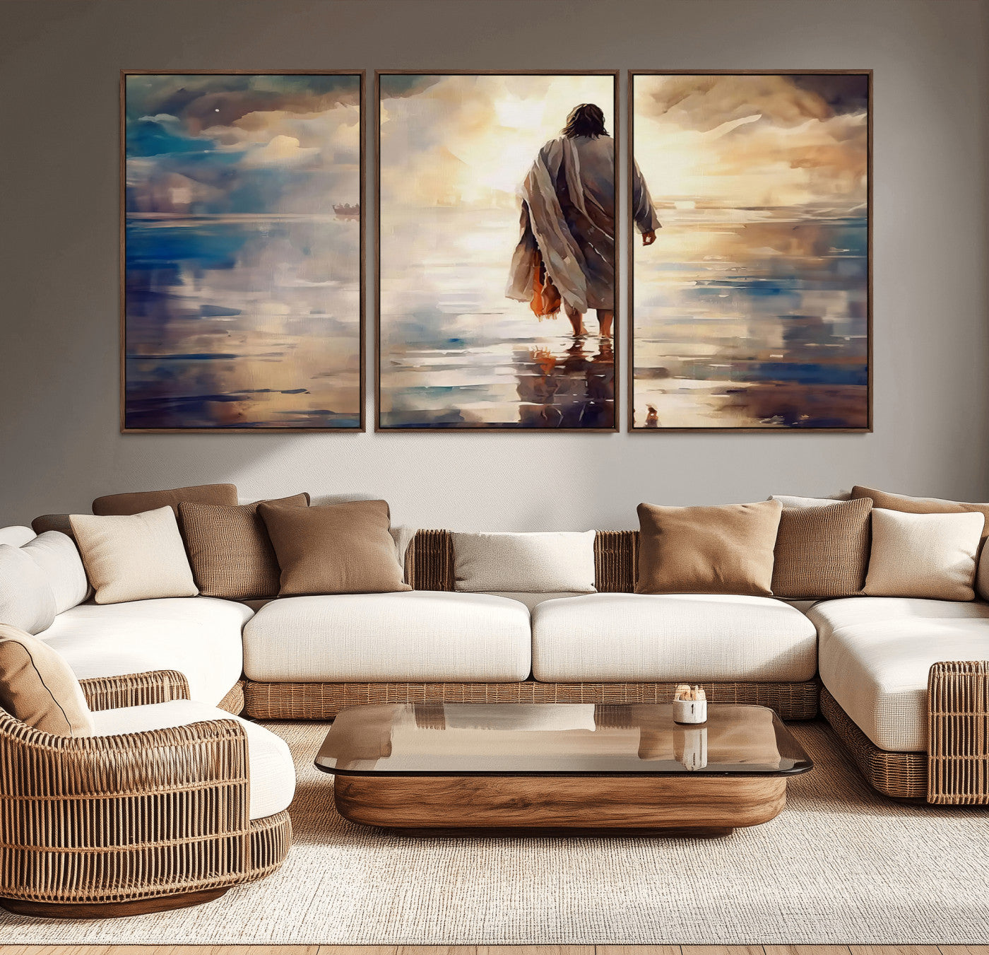 MGV-FC-60X30-3P - Jesus Walking on Water Wall Art | Ready to Hang Spiritual Triptych Canvas Print | Inspirational