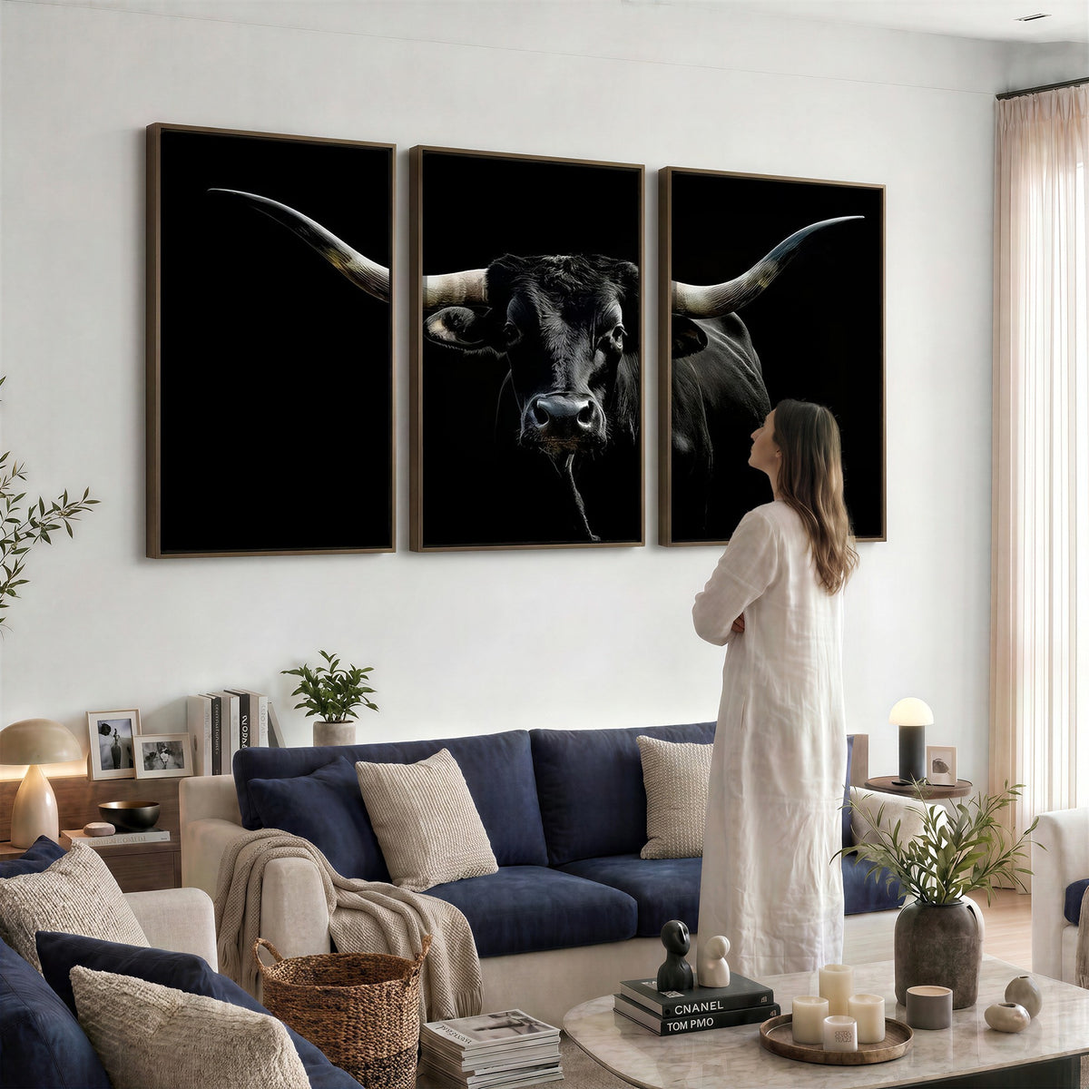 20679-MGV-CV-24X16 - Texas Black Longhorn Bull Wall Art Canvas Print, Western Cattle Rustic Decor