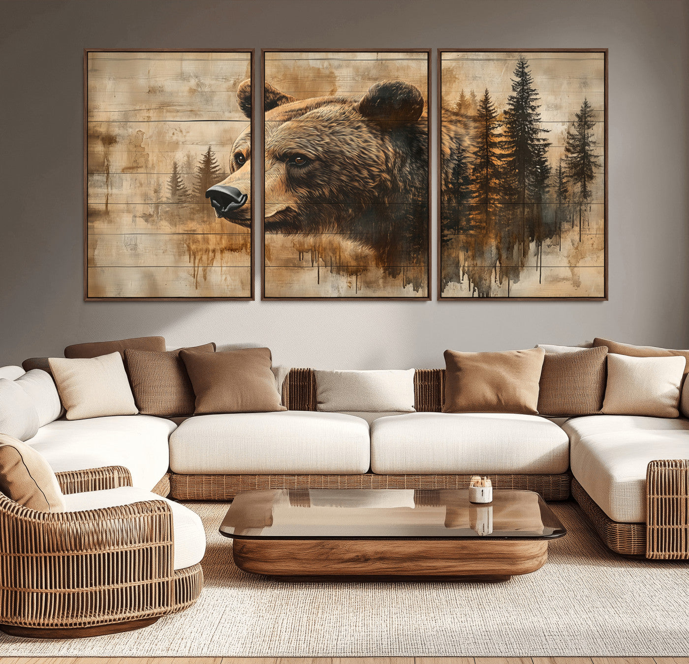 MGV-FC-60X30-3P - Rustic Grizzly Bear Wall Art, Abstract Grizzly 399 Bear Wall Art Canvas Print - Woodland Wildlife