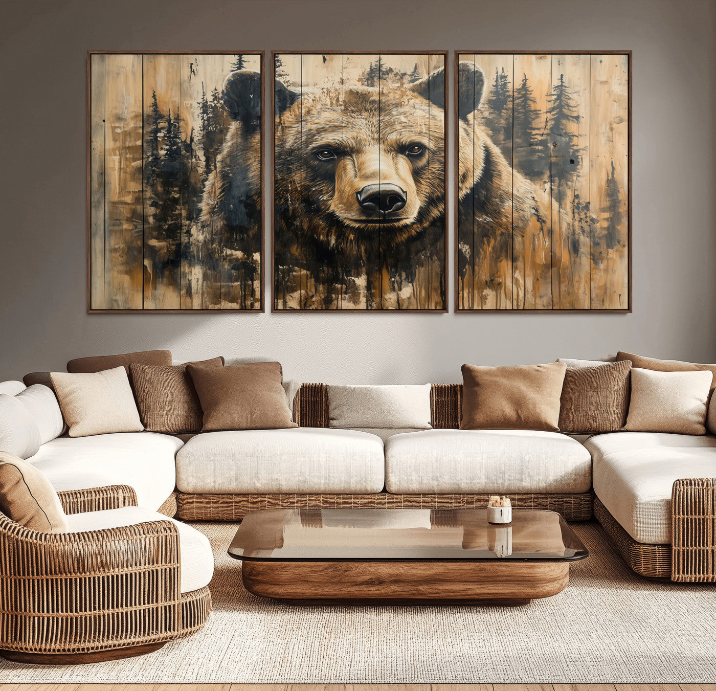 MGV-FC-60X30-3P - Majestic Grizzly 399 Bear Wall Art | 3-Panel Rustic Canvas Print for Living Room, Office, or Cabin