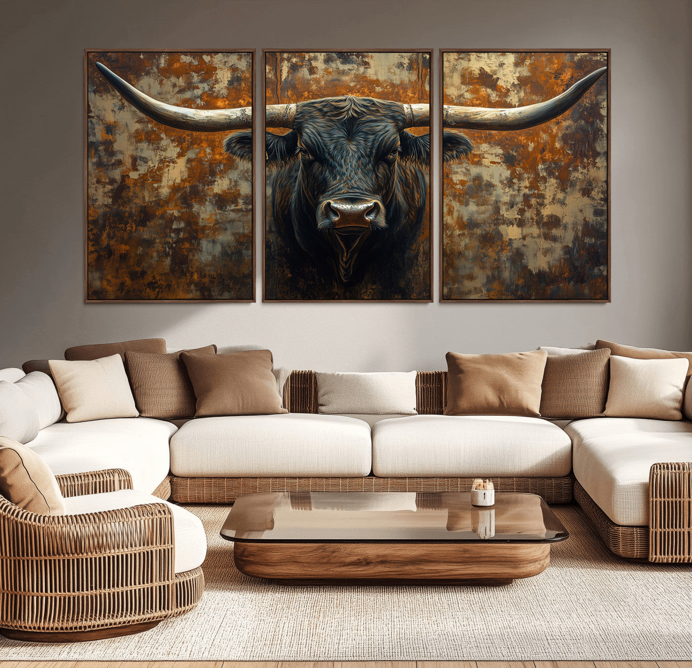 MGV-FC-60X30-3P - Longhorn Texas Cow Bull Wall Art | Rustic Farmhouse Canvas Print | Ready to Hang Barn Decor for