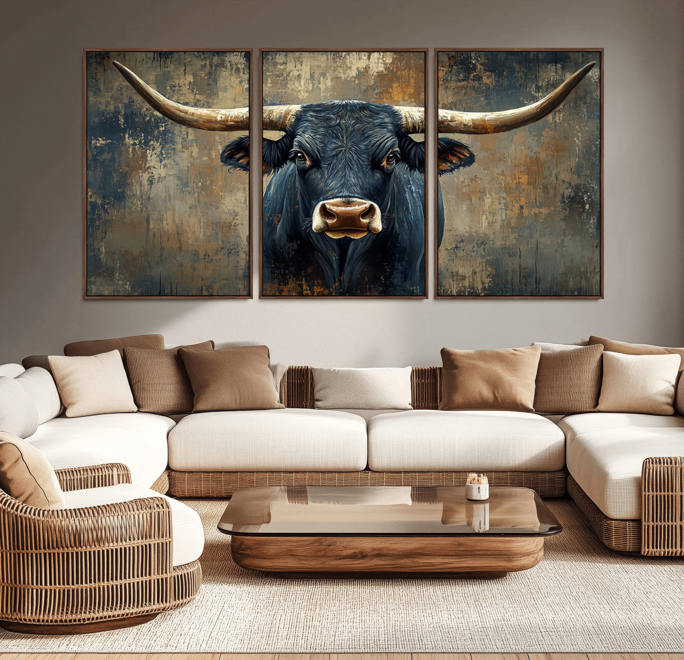 MGV-FC-60X30-3P - Texas Western Wall Art Canvas Print - Abstract Cow Longhorn Bull Wall Art Canvas Print - Rustic Cow