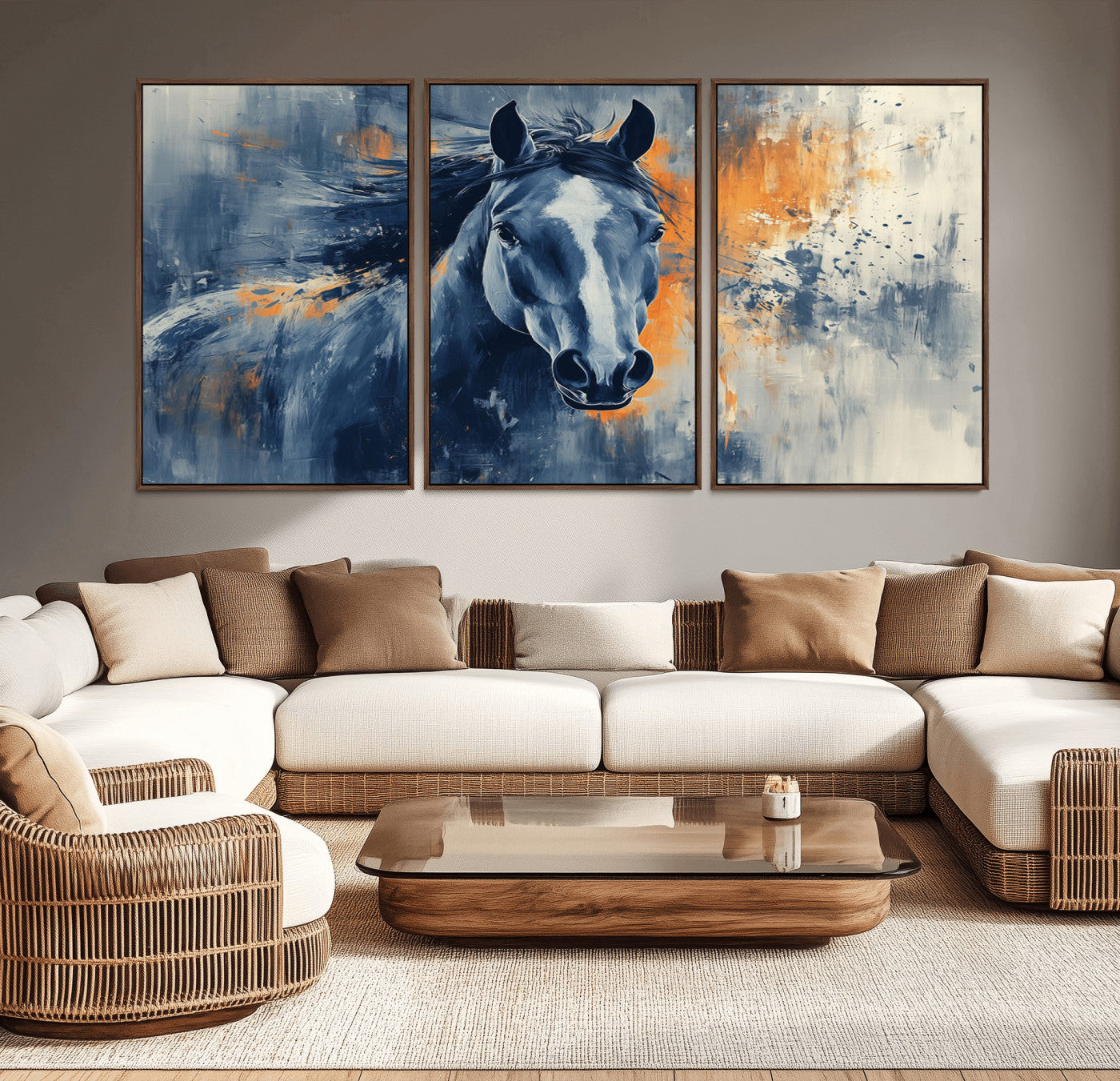 MGV-FC-60X30-3P - Abstract Blue Horse Wall Art Print Canvas | Horse Wall Art Print | Western Decor for Farmhouse |