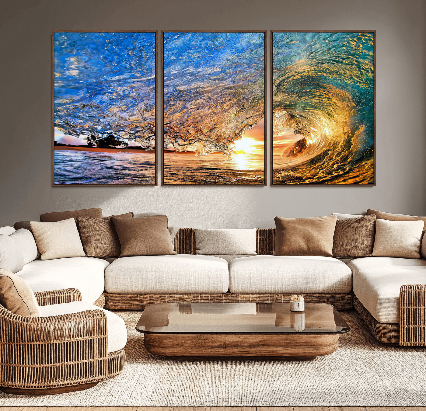 MGV-FC-60X30-3P - Ocean Wave at Sunset Canvas Wall Art – Vibrant Coastal Beach Waves Print, Large Nautical Decor,