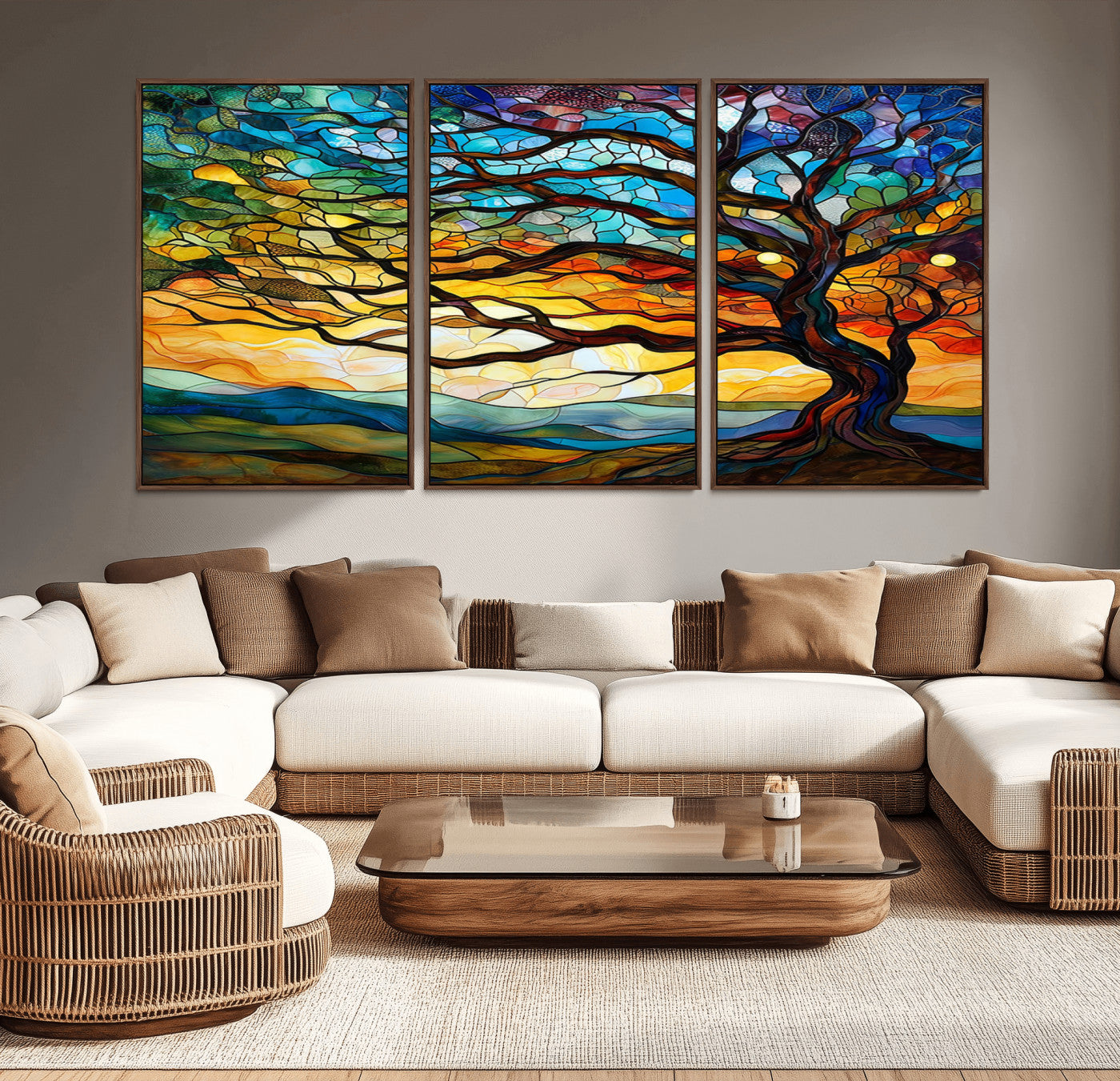 MGV-FC-60X30-3P - Vibrant Mosaic Tree of Life Wall Art | Stained Glass Style Canvas Print | Ready to Hang Artistic
