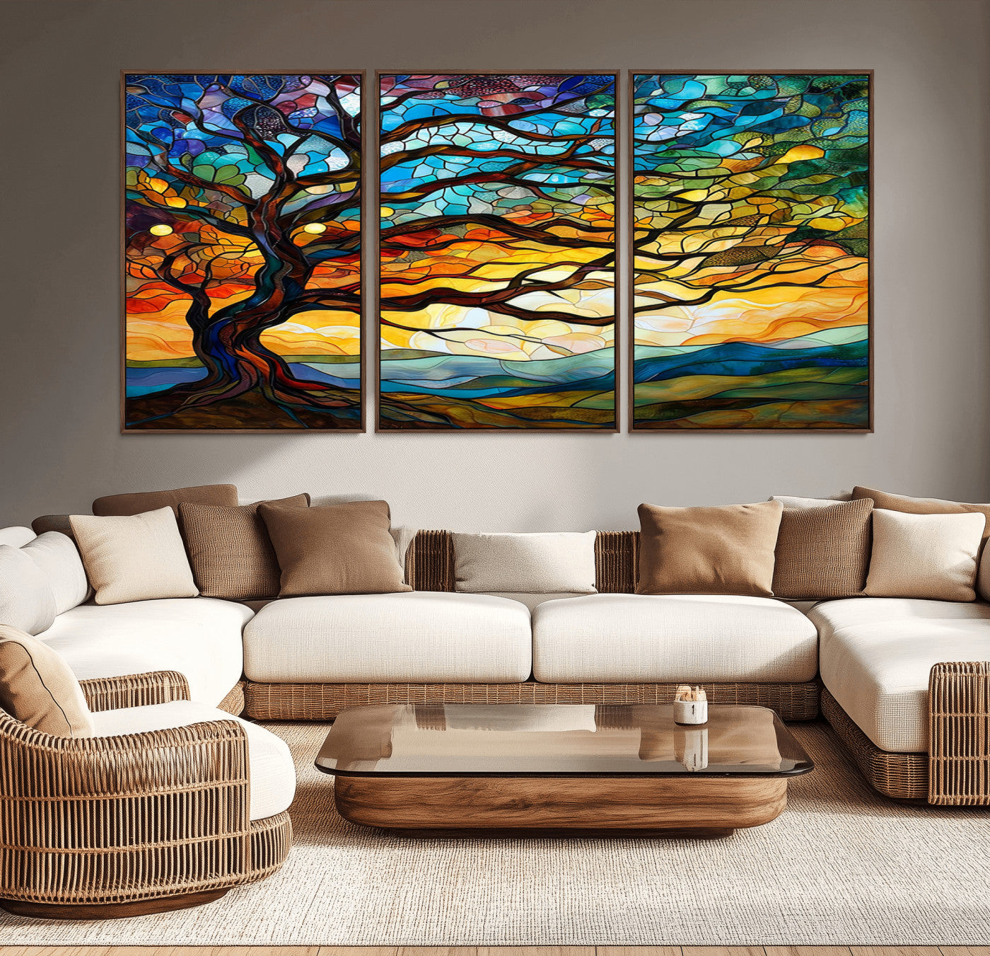 MGV-FC-60X30-3P - Mosaic Tree Wall Art | Ready to Hang Stained Glass Style Canvas Print | Farmhouse Wall Decor, Cabin