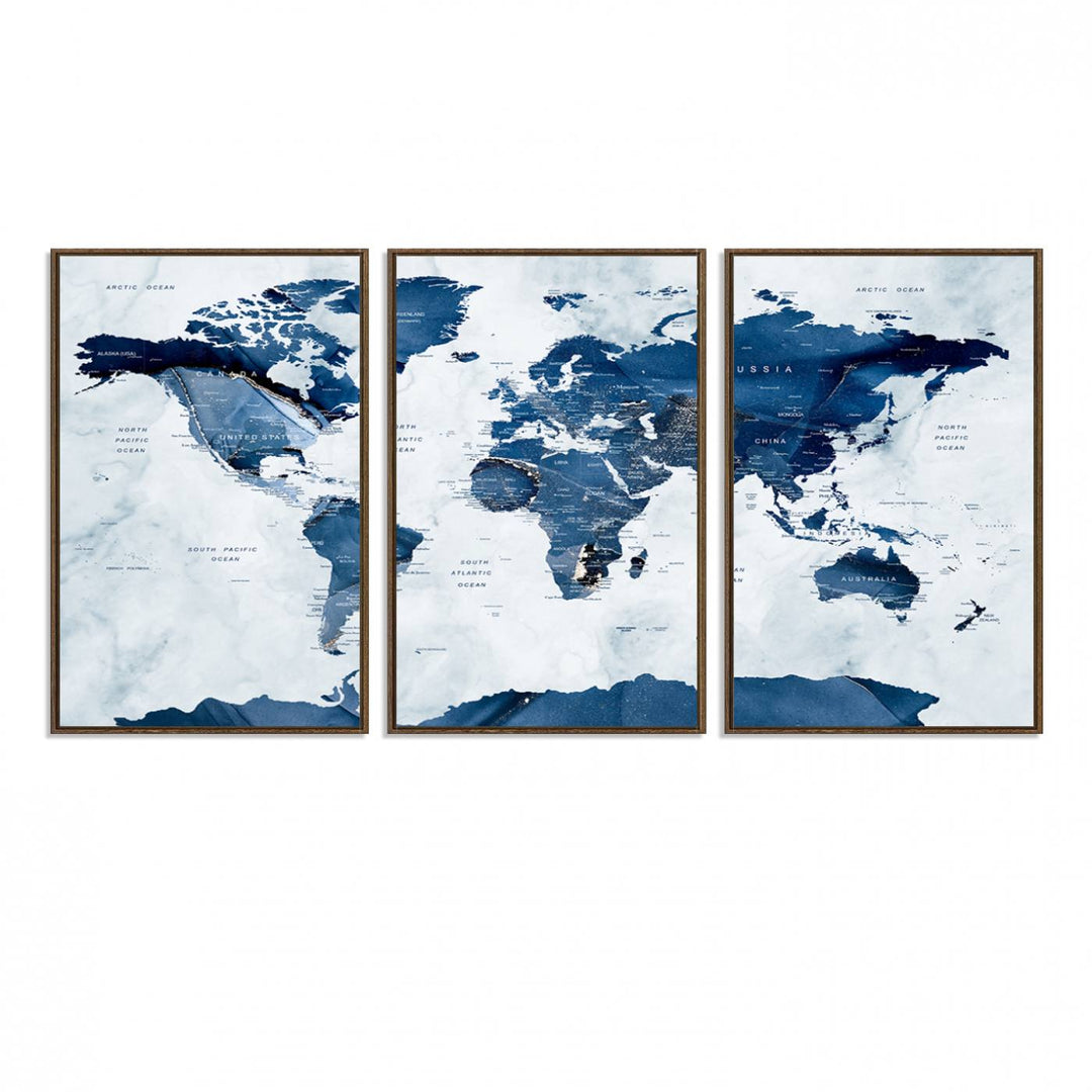 Navy Blue World Map with Antarctica Canvas: A perfect abstract home decor piece featuring a grunge-stained background.