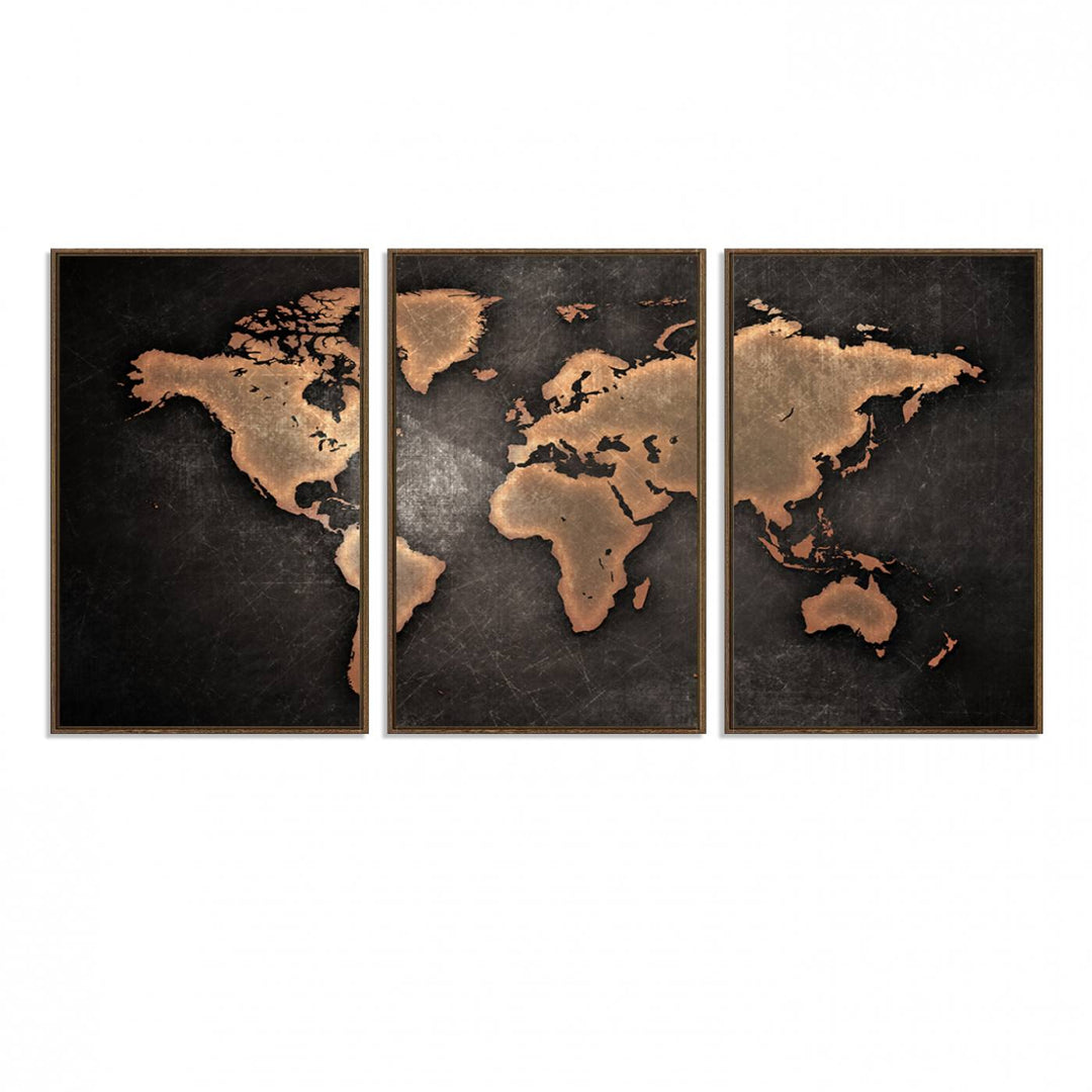 Maroon World Map Wall Art: Copper continents on a grunge-stained canvas, ideal for enhancing your decor.