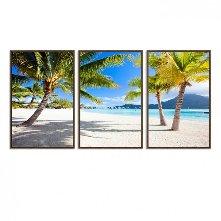 Blue Beach and Sea Wall Art Canvas Print: showcases a tropical scene with palm trees, white sand, and turquoise water.