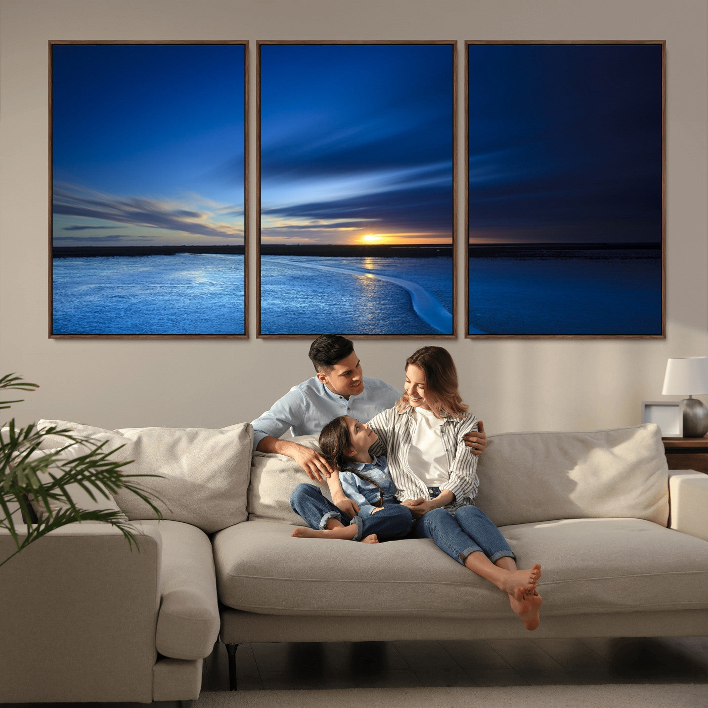 MGV-FC-60X30-3P - Blue Sunset Ocean Canvas Wall Art Print – Serene Coastal Horizon Wall Decor for Home or Office –