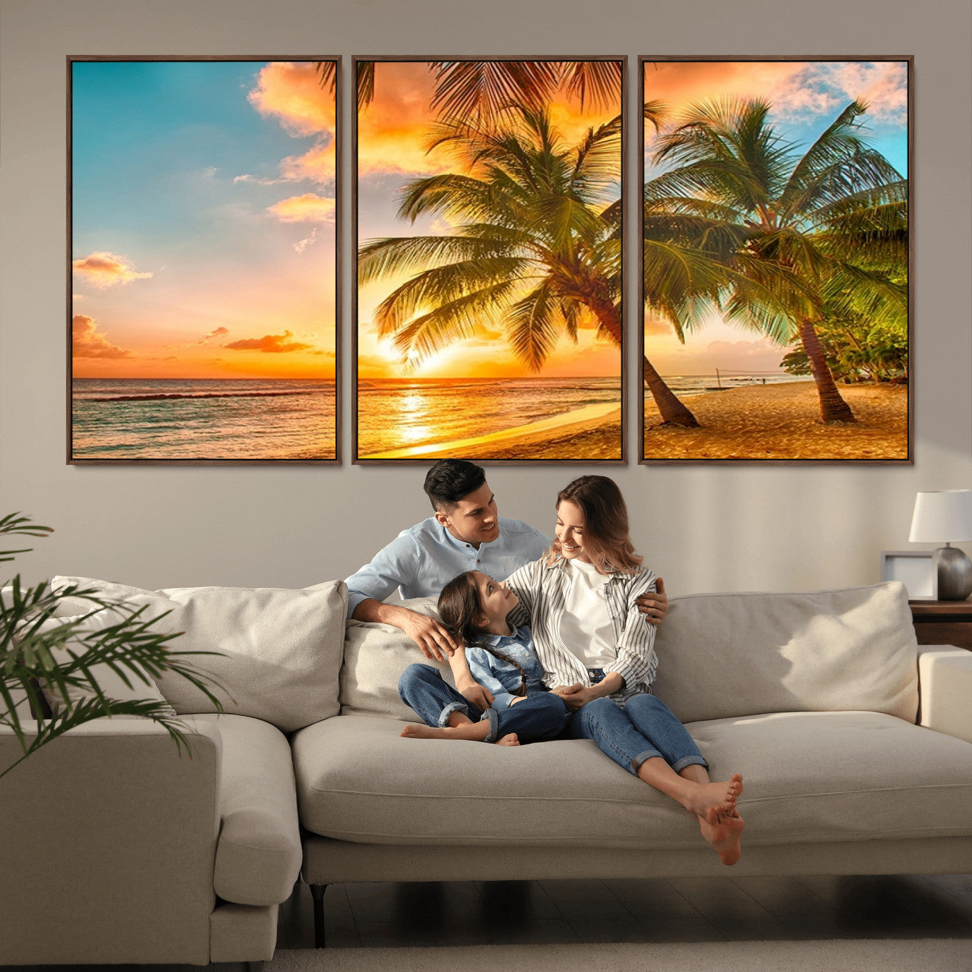 MGV-FC-60X30-3P - Tropical Sunset Beach Canvas Wall Art Print – Vibrant Palm Trees and Coastal Sunset Wall Decor for