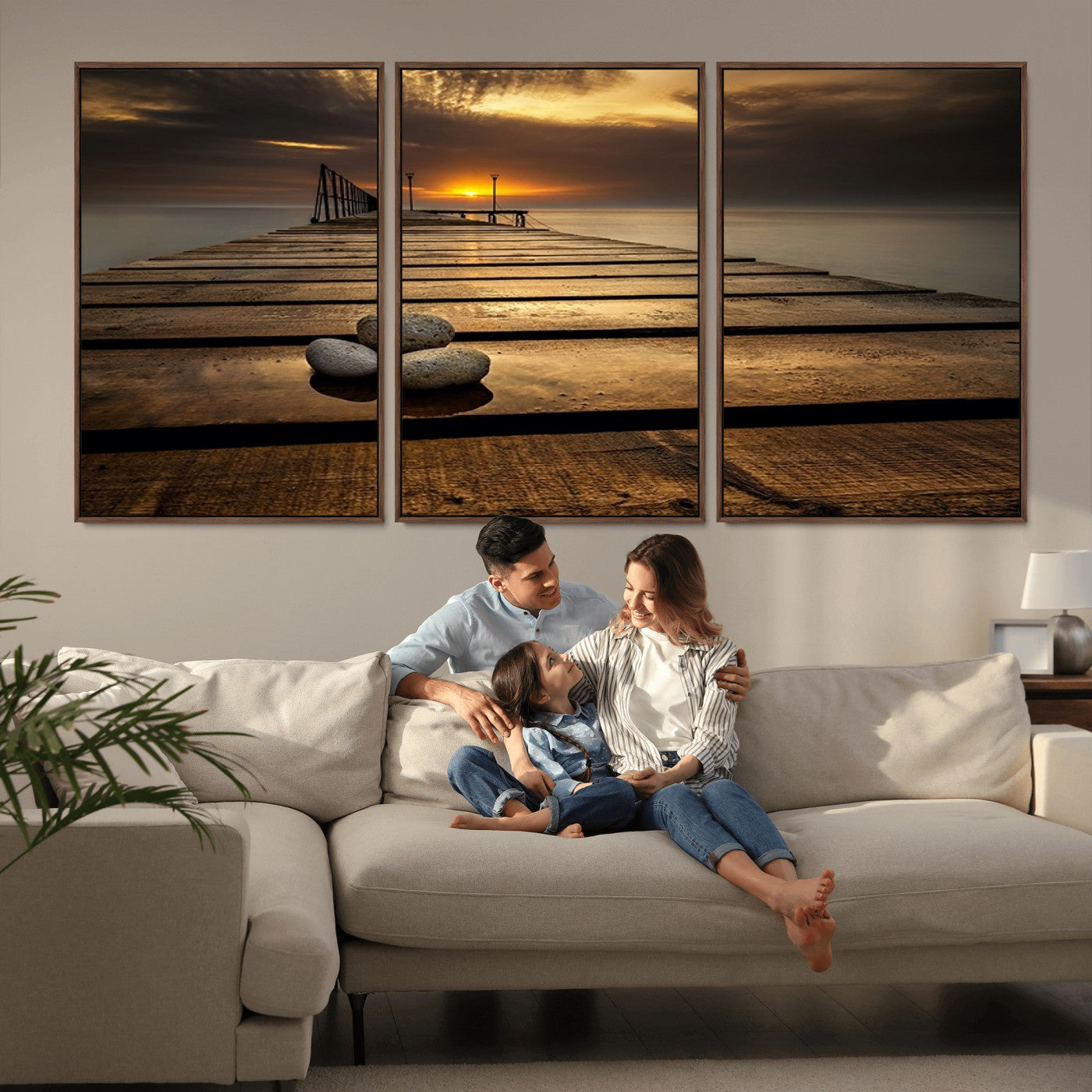 MGV-FC-60X30-3P - Stones on Wooden Pier at Sunset Canvas Print, Serene Coastal Wall Art, Beach Sunset Photography,