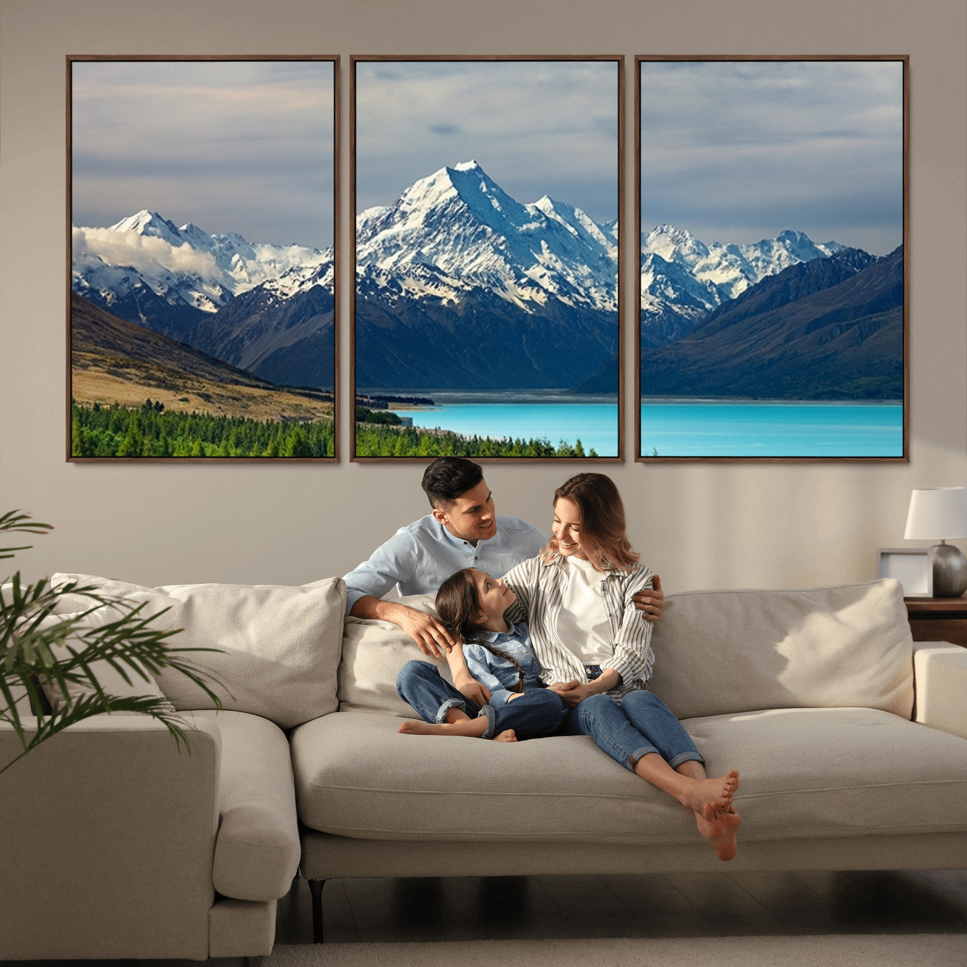MGV-FC-60X30-3P - Mount Cook and Lake Pukaki Canvas Wall Art Print – Majestic Snow-Capped Peaks and Serene Lake Wall