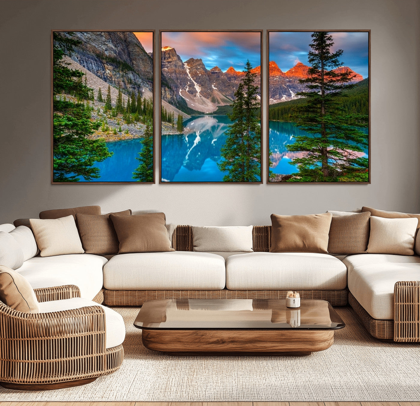MGV-FC-60X30-3P - Canadian Rockies Moraine Lake Wall Art Canvas Print, Pine Trees Mountain Spring Canvas Print