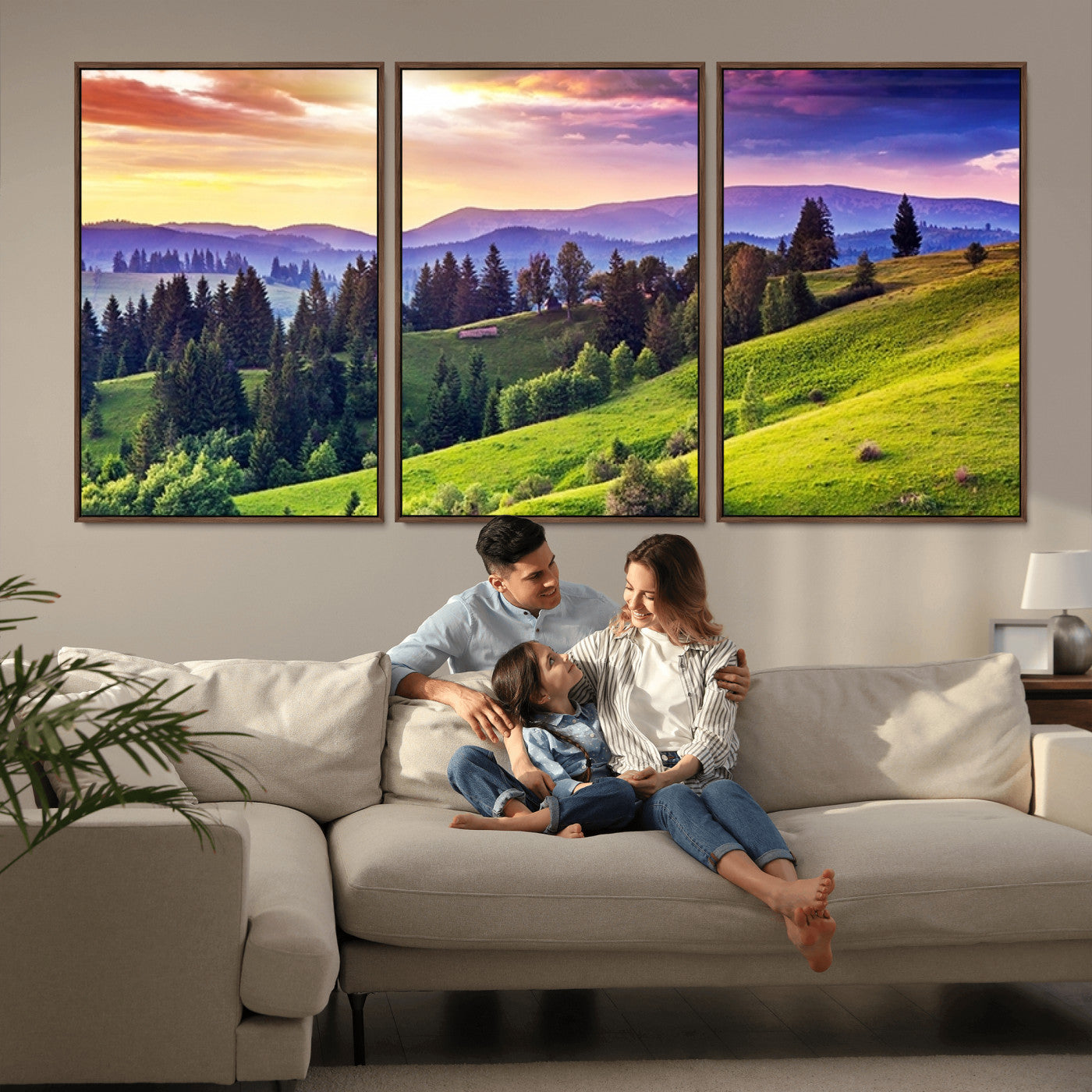 MGV-FC-60X30-3P - Green Hills and Sunset Wall Art Print - Scenic Landscape with Lush Greenery and Vibrant Sky, Ready