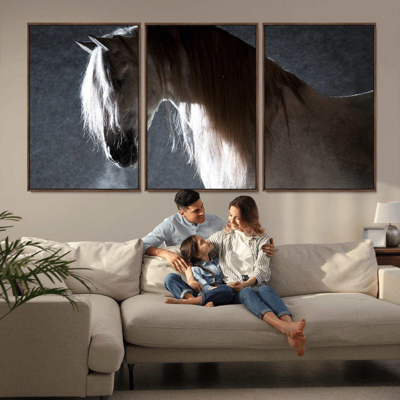MGV-FC-60X30-3P - Large Wall Art Cream Colored Horse on Grey Background Canvas Print