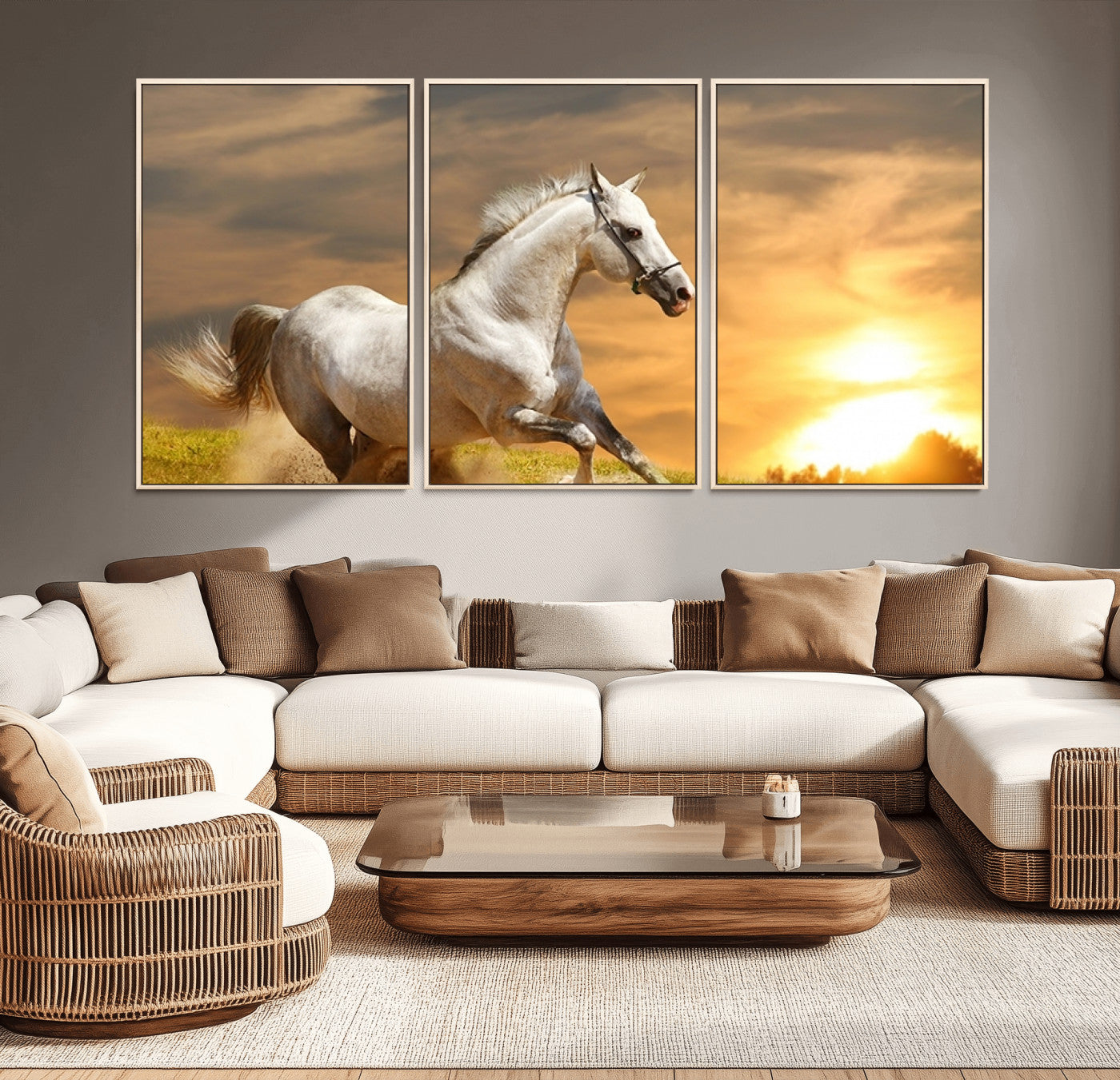 MGV-FC-60X30-3P - Large Wall Art Galloping White Horse at Sunset Canvas Print