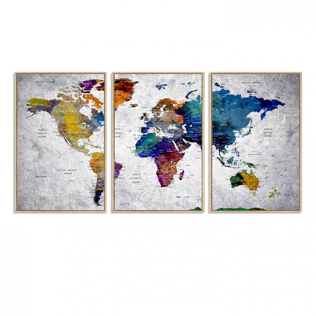 The World Map Art Canvas Print, featuring country names on a grunge-stained gray background, is perfect for stylish home decor.