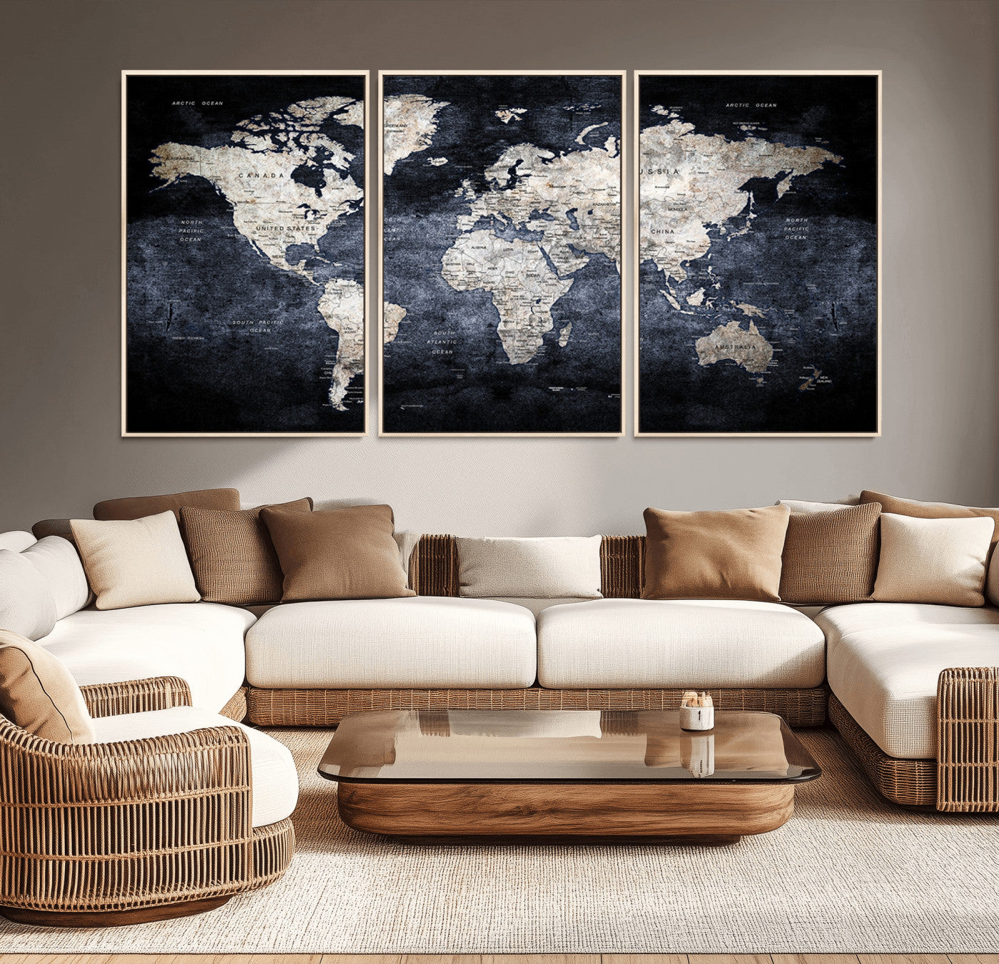 82598-MGV-CV-36X24-Modern Dark World Map Canvas Print – Framed Push Pin Wall Art, Elegant Travel Map Decoration for Home Office or Living Room Decor
